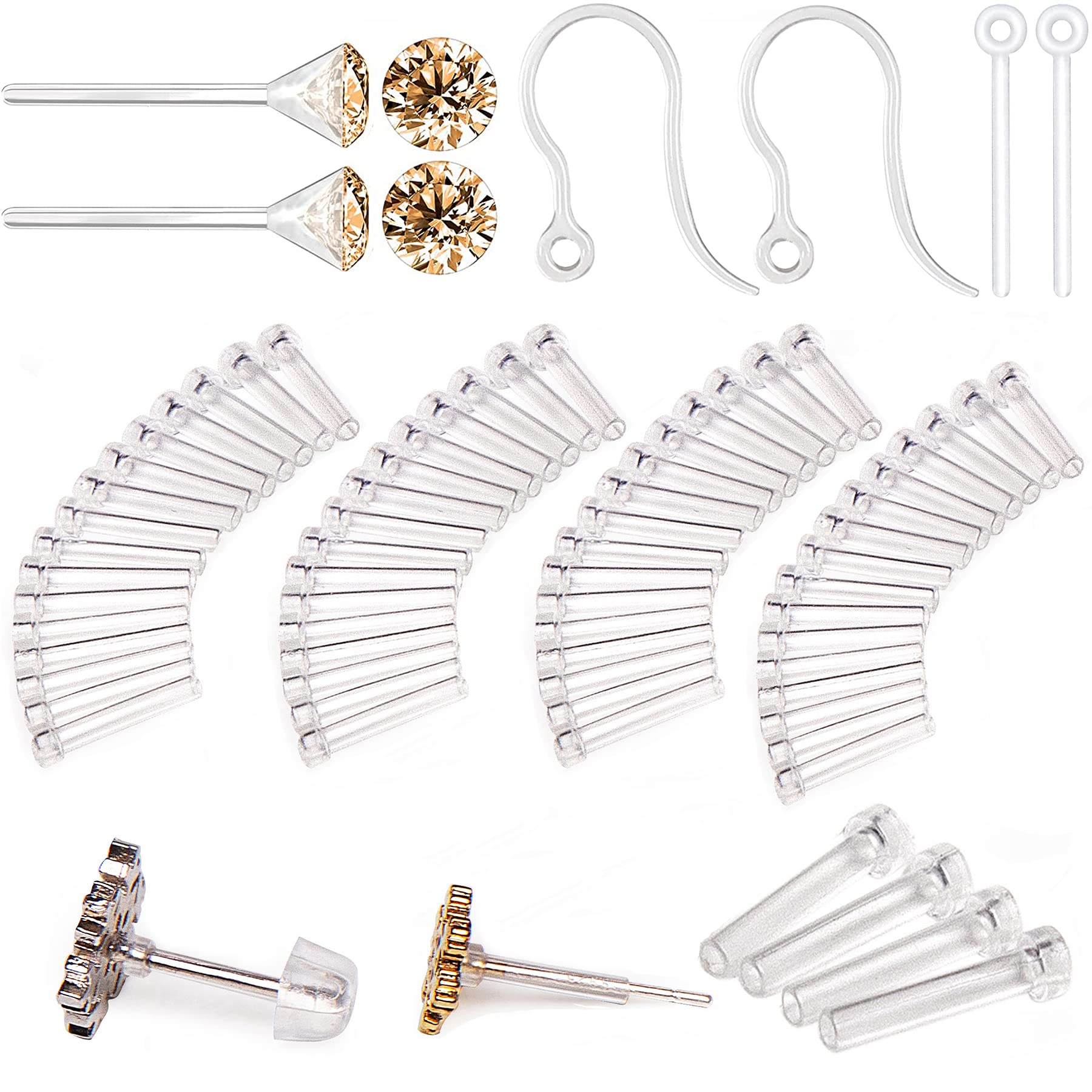 108pcs Silicone Earring Allergy Sleeve for Sensitive Ears with 4 Sizes Anti-Allergy Sleeves and Zircon and Posts and Hooks and Earring Backs (Gold Color)