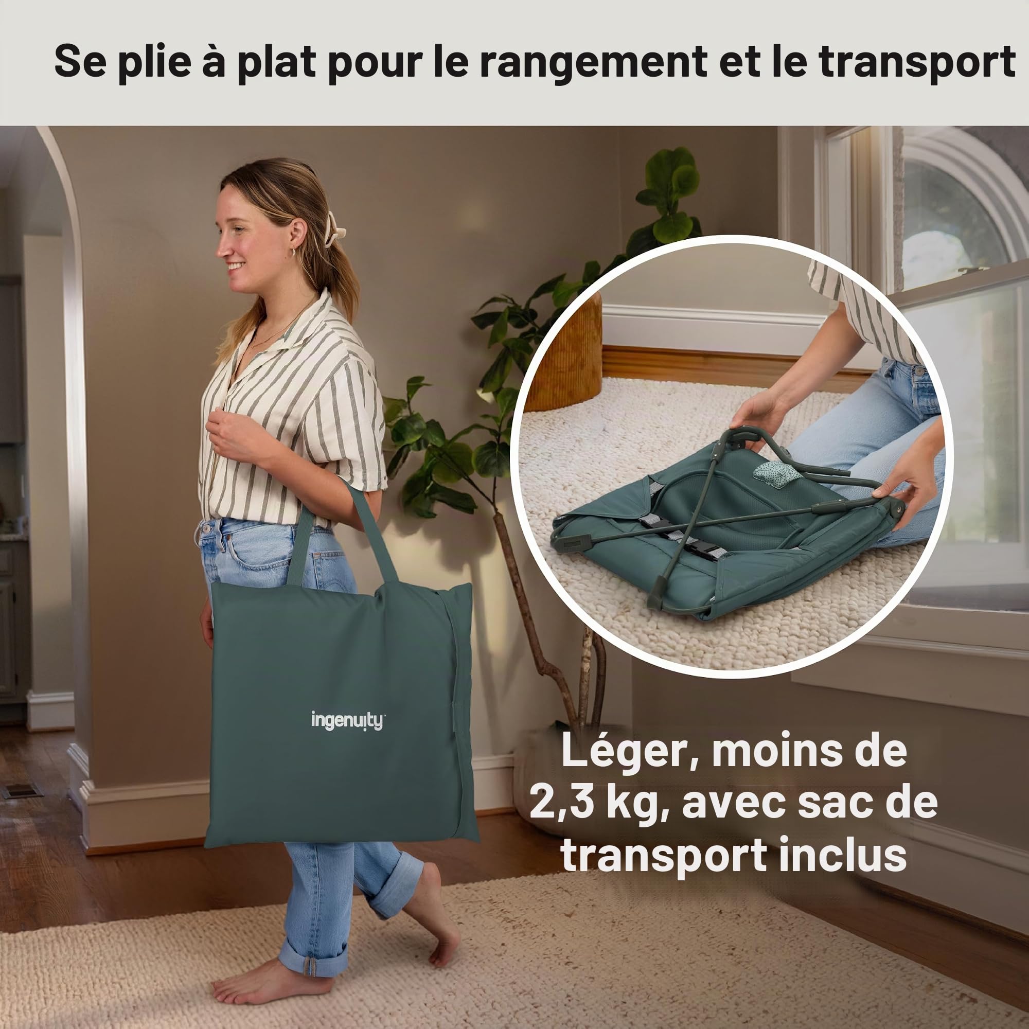 Ingenuity Stow & Go transat bébé compact pliable, siège portatif léger avec vibration et jouet, vert, moins de 2,3 kg