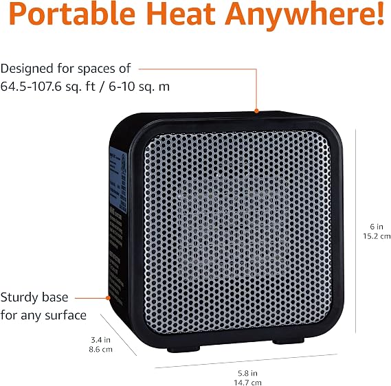 Amazon Basics Ceramic Portable Mini Space Heater for Office Desk, Indoor Use, Fast Heating, Energy Efficient, 500W, With Tip-Over Protection, Lightweight 1.4 lbs, Black, 5.87D x 3.15W x 5.95H