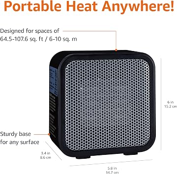 Amazon Basics Ceramic Portable Mini Space Heater for Office Desk, Indoor Use, Fast Heating, Energy Efficient, 500W, With Tip-Over Protection, Lightweight 1.4 lbs, Black, 5.87D x 3.15W x 5.95H