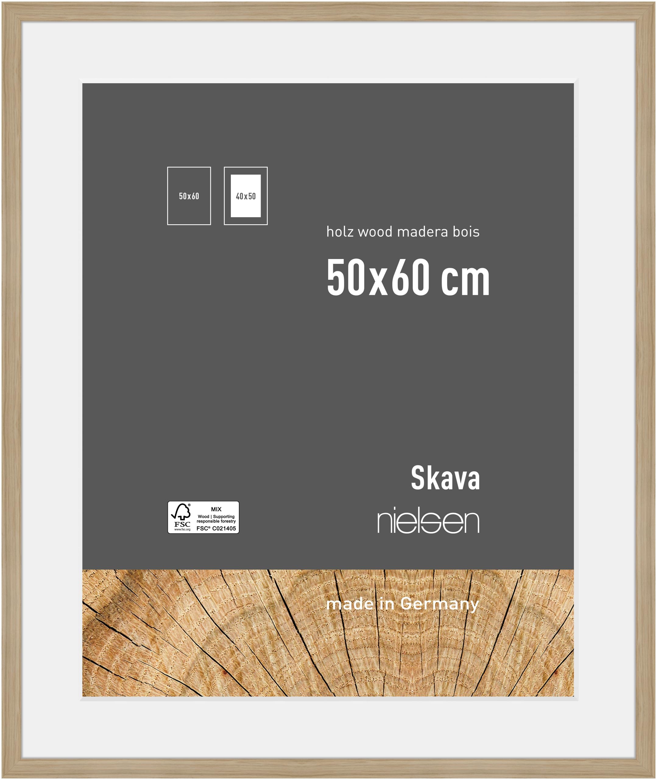 nielsen Bilderrahmen mit Passepartout, 50 x 60 cm, Holz, Eiche, Posterrahmen zum Aufhängen im Hoch- & Querformat, Echtglas, Skava