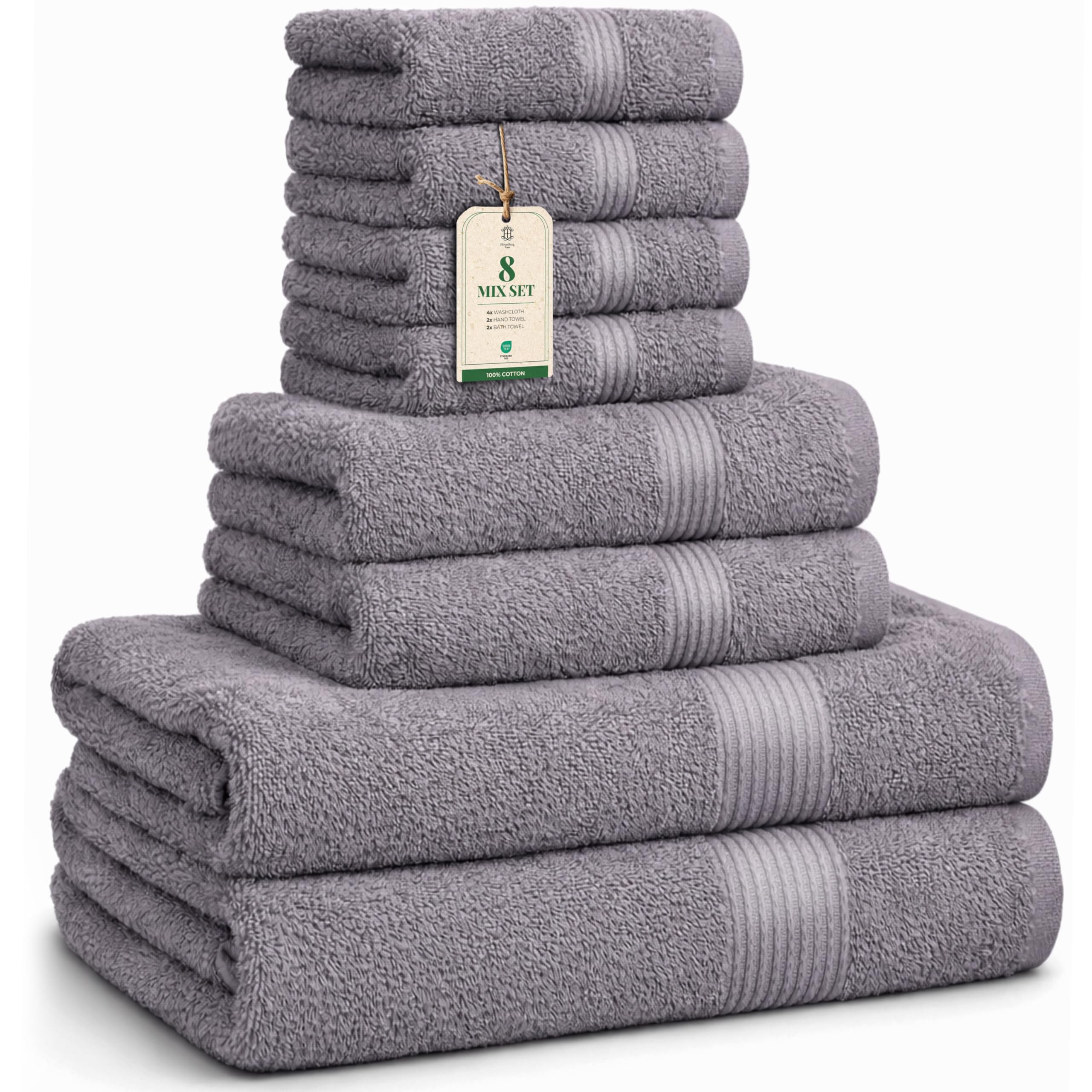 HomeBurg Luxe Set – Washcloths (30 x 30cm), Hand Towels (40 x 70cm) & Bath Towels (65 x 137 cm) – 100% Cotton, Soft, Absorbent, Easy Care, Versatile, Stone Grey