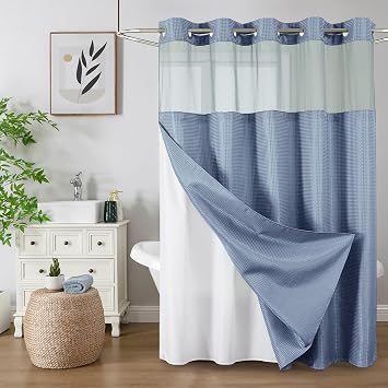 No Hook Shower Curtain with Snap in Fabric Liner, Waffle Weave Heavy Duty Thick Shower Curtains with Mesh Top Window, Hotel Style Waterproof Bathroom Curtain Set, 72 x 75 Inch, Moonlight Blue