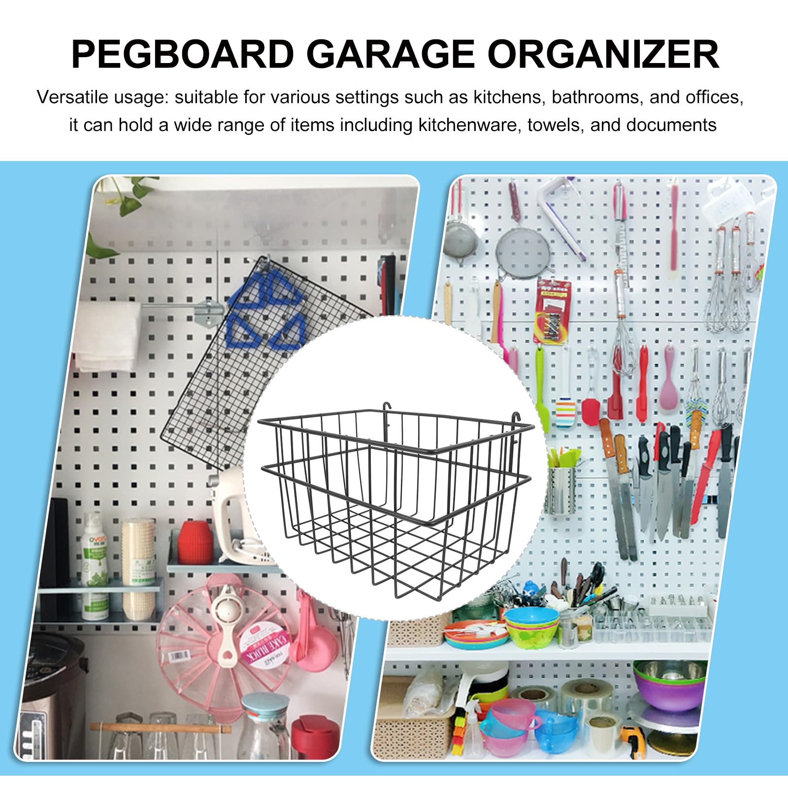 Cestas de Almacenamiento para Panel Perforado sin Taladro Organizador Metálico Negro Grande Cesta de Hierro para Garaje Cocina y Oficina Accesorios para Rack de Pared