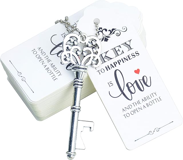 Aokbean 52pcs Rustic Vintage Key Bottle Opener Party Favor Wedding Favor Guest Souvenir Gift Set with Escort Thank You Tag Card and Keychain (Antique Silver)
