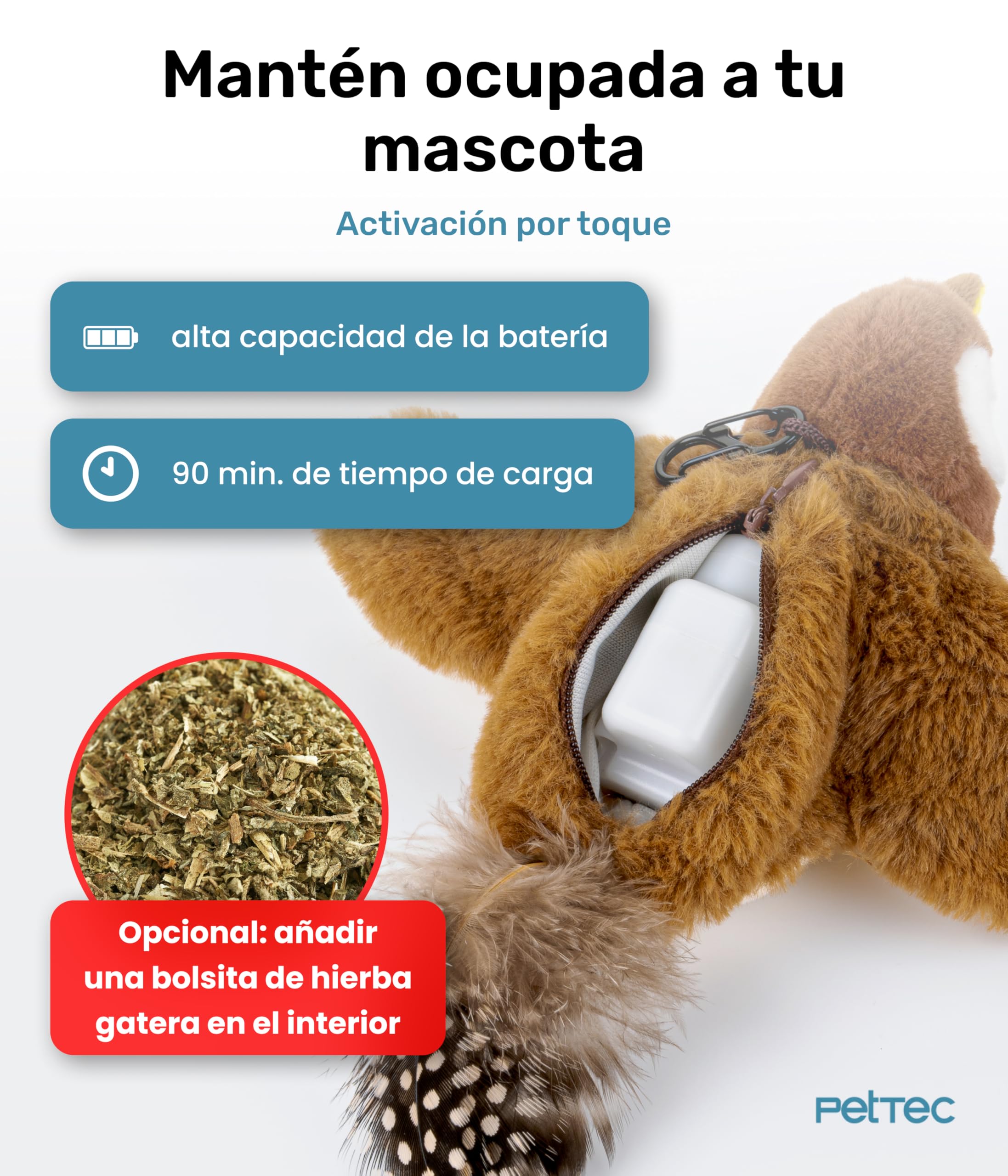 PetTec® Juguete Interactivo Eléctrico para Gatos - Pájaro Móvil con Hierba Gatera - Autoentretenimiento Automático