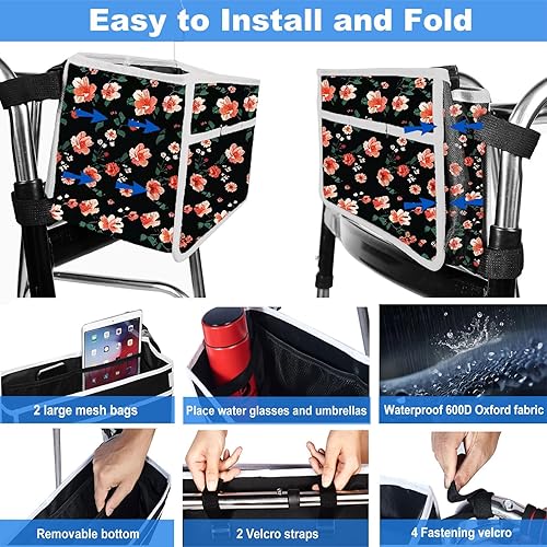 Miniatura 9 de Bolsa plegable equipada con 6 correas elásticas, más fuerte que otras cestas para andar, cesta para andador con múltiples bolsillos y nunca se