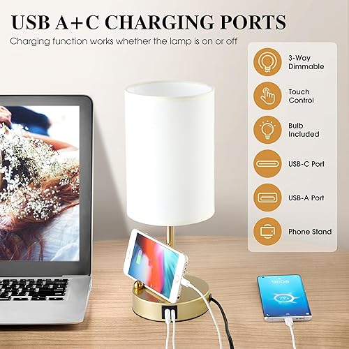 Miniatura 5 de Briever Lámpara de mesa con control táctil para dormitorio, lámpara de mesita de noche regulable de 3 vías con puertos de carga USB, lámpara de