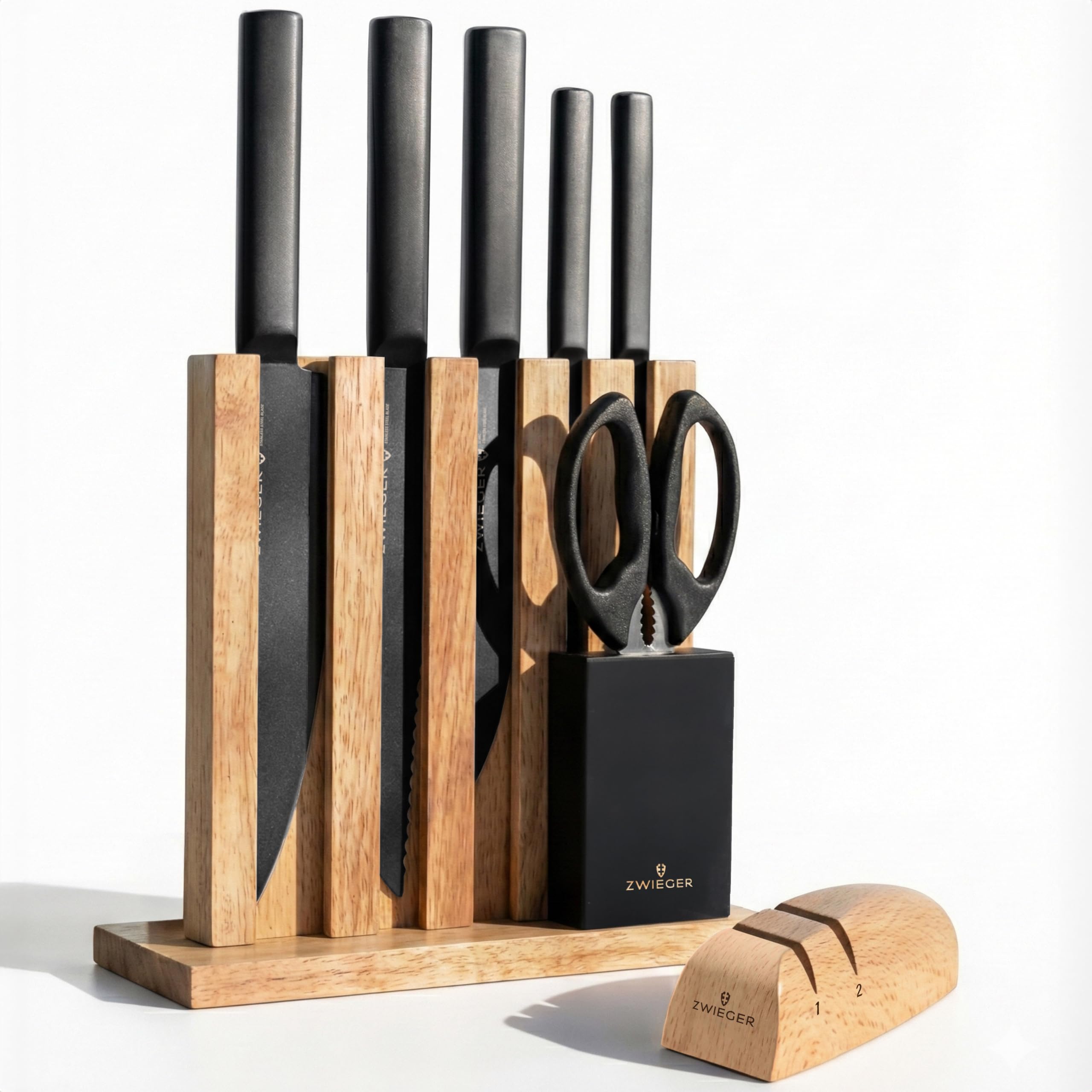 ZWIEGER Messerblock mit Messer 8-teiliges Set – Messerset aus Edelstahl 52 HRC – Küchenmesser Set mit Block im offenen Holz-Design inkl. Schärfer mit interner Rollentechnologie und Küchenschere