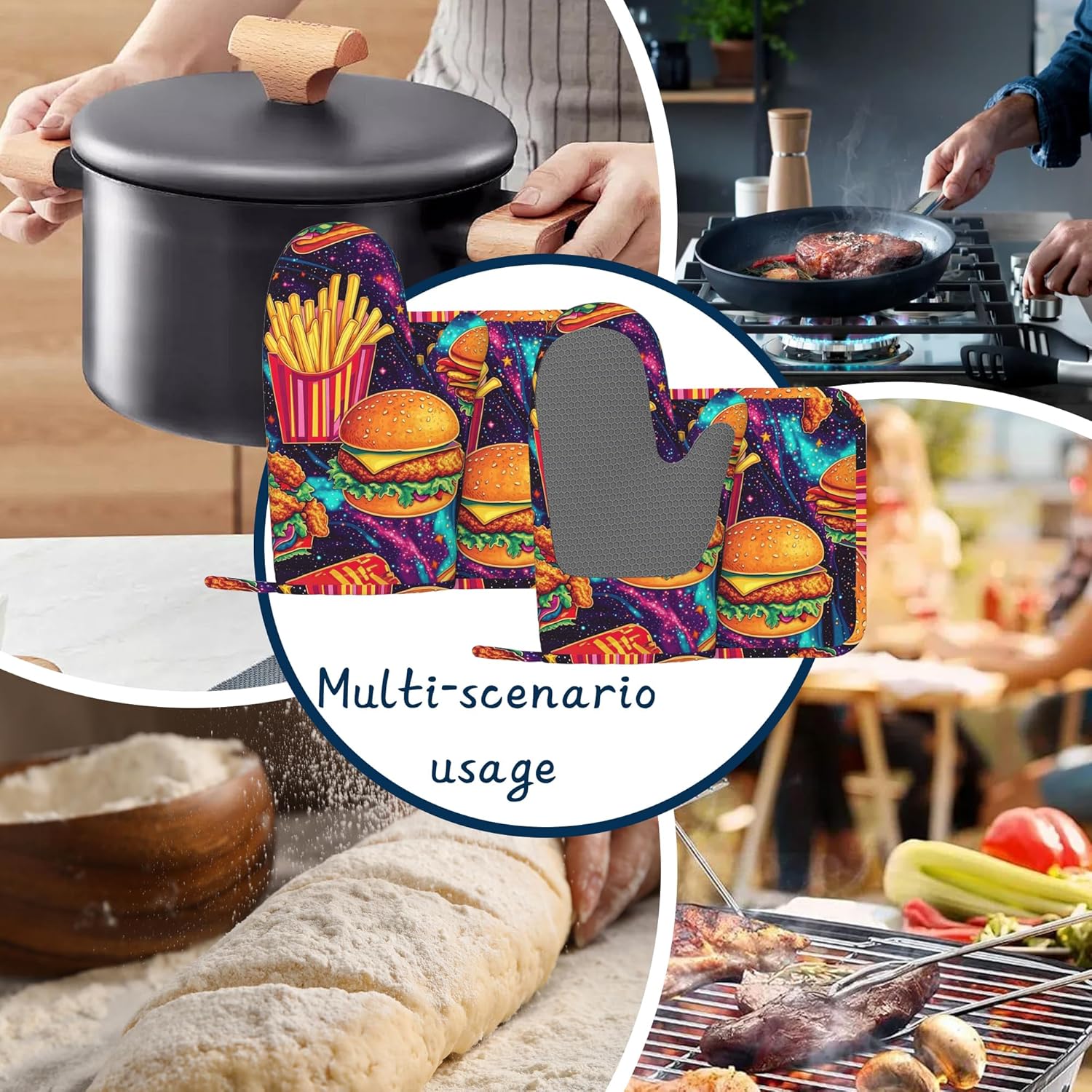 Oven Mitts and Pot Holders Sets,Hamburger French Fries Thick Cotton Kitchen Oven Mitt Set,Funny Food Waterproof Anti-Slip Silicone Mittens for Baking,Cute Cooking Utensils Set for Bakeries Barbecues