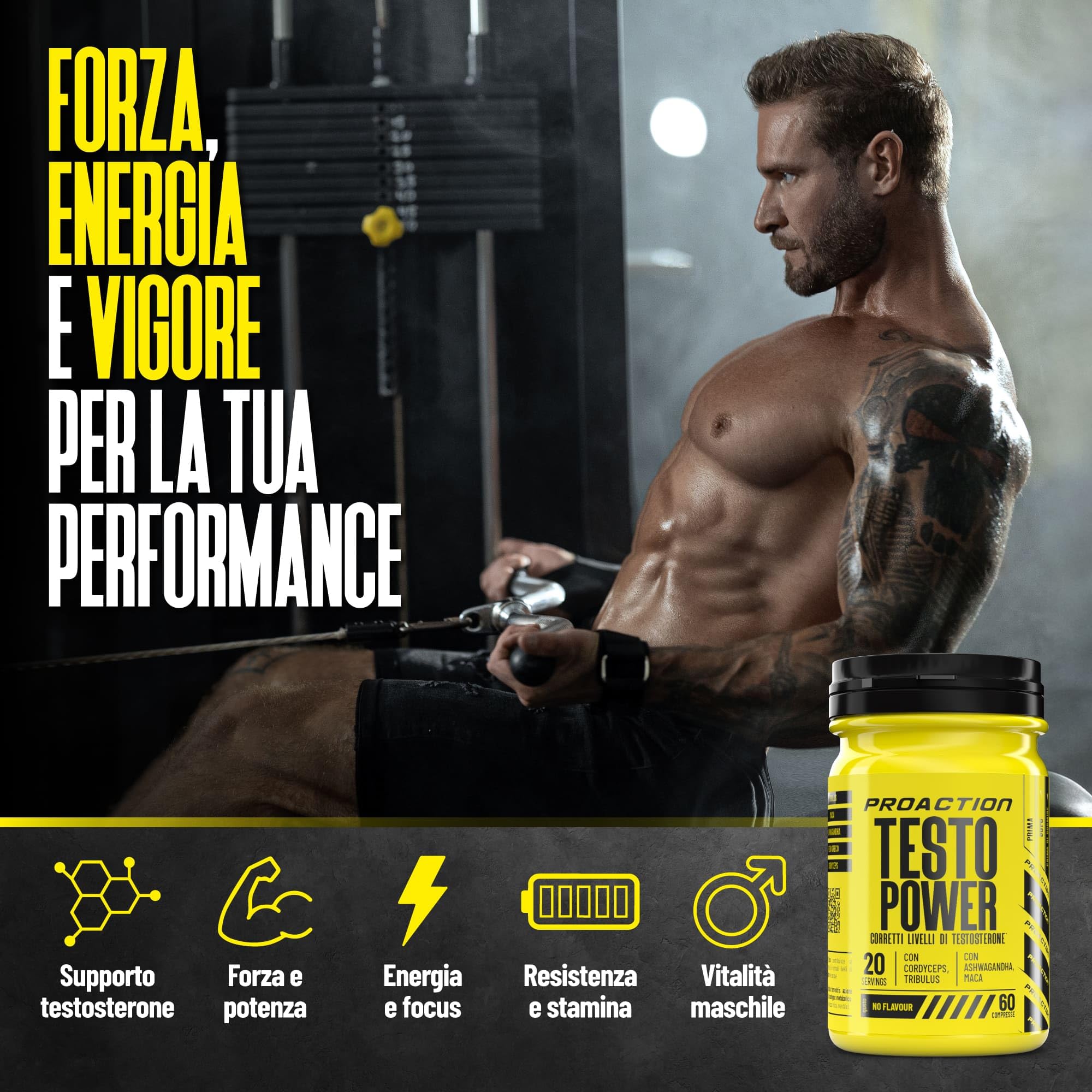 ProAction TESTO POWER | Testosterone Booster con Alto Dosaggio di Tribulus Terrestris, Maca Nera, Fieno Greco, Ashwagandha e Zinco | Integratore Testosterone Uomo per Aumento Massa Muscolare | 60 cpr