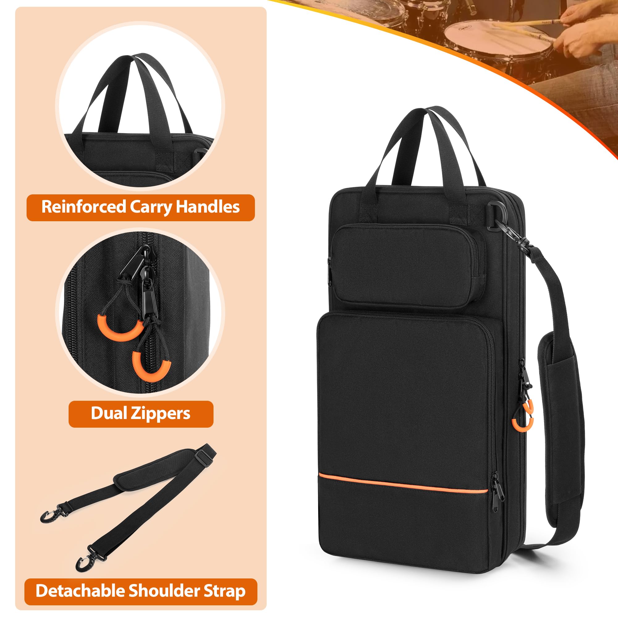 Damero 600D Drum Stick Storage Bag with Adjustable Shoulder Strap Portable Drumstick Holder for Band Tour - Image 4