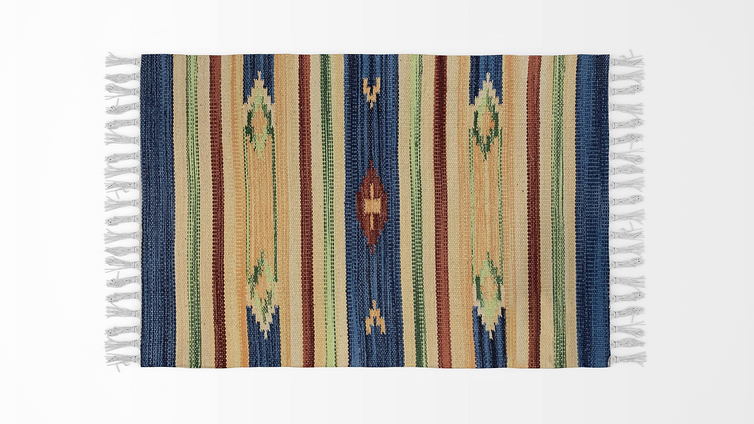 Teppich für Badezimmer, Küche, Schlafzimmer, Baumwolle, Art. Kelim, maschinenwaschbar, ethnisches Muster, bunt (100 x 150 cm, Design 3 - Blaue Raute)
