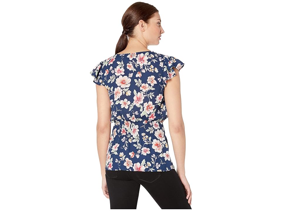 

Bobeau Flutter Sleeve Smocked Blouse (Navy Floral) Women's Blouse