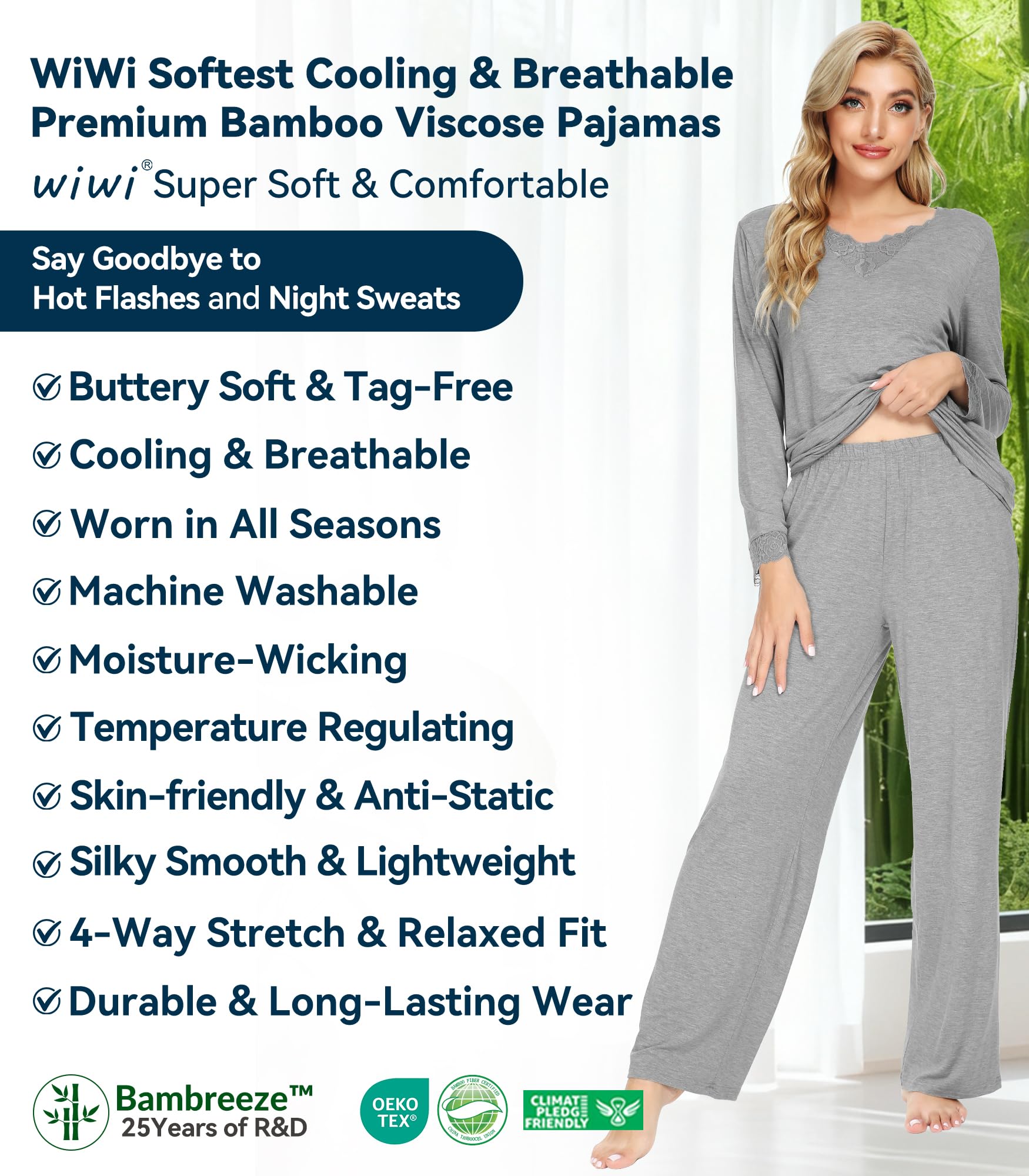 WiWi Weiche Bambus-Pyjama-Sets für Damen, langärmelig, Nachtwäsche, geschnürt, V-Ausschnitt, Oberteil mit Hose, Übergröße, Loungewear, S-4X