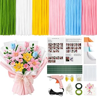 600 PCS Pipe Cleaner Flower Kit, 6-Color Bulk Chenille Stems with Glue Gun & 10 Glue Sticks for DIY Crafts & Holiday Decorations