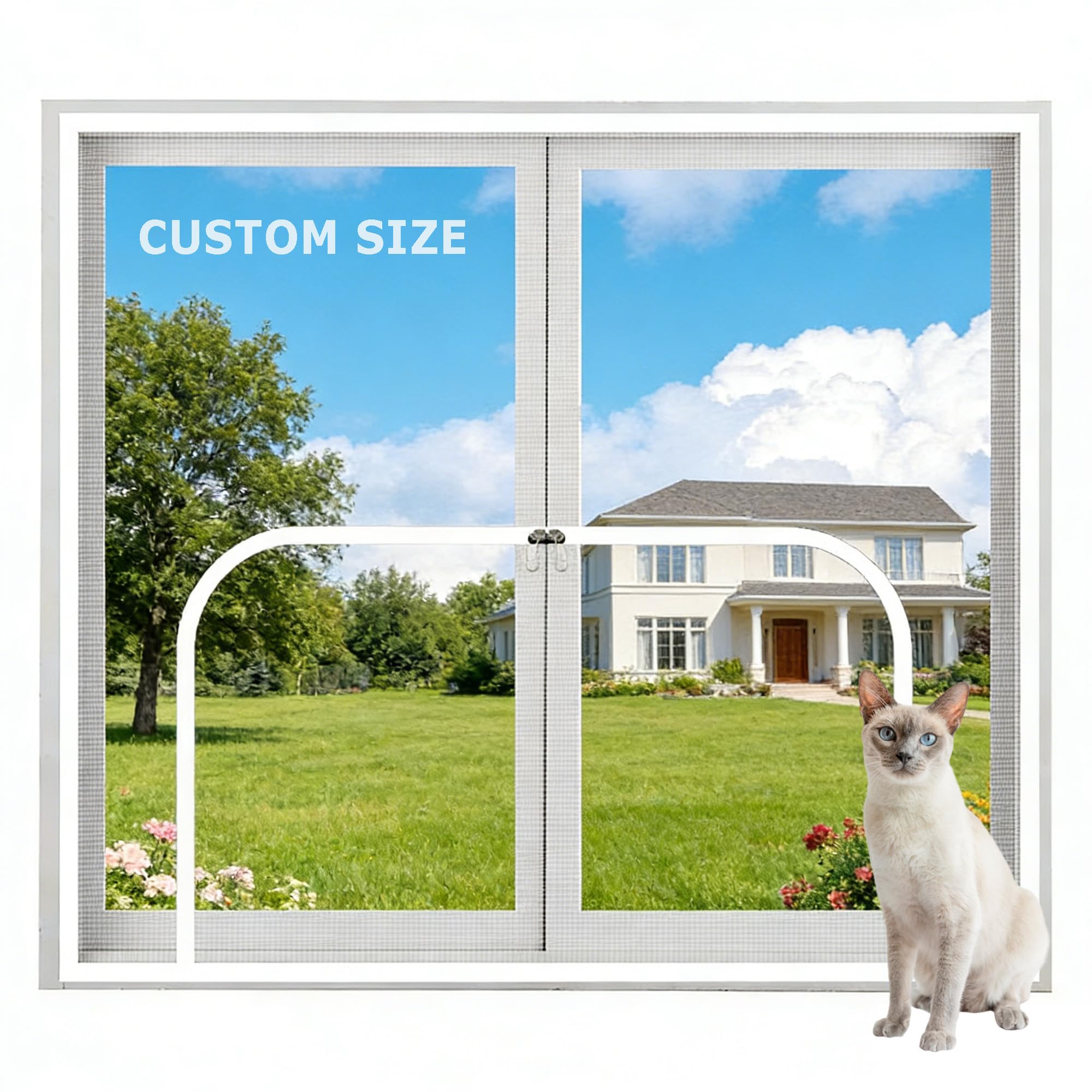 Hruile Custom Cat Safety Net, Cat Window Guard Screen with Zipper, Fly Screen Self-Adhesive Netting Anti-Mosquito Insect Screen Protection, Balcony Window Safety Net