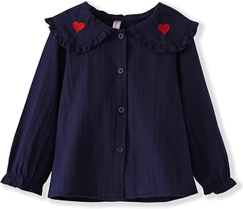 Girls Long Sleeve Button-Down Blouse Wide Peter Pan Collar Dress Shirts 9 Navy, 4-5T