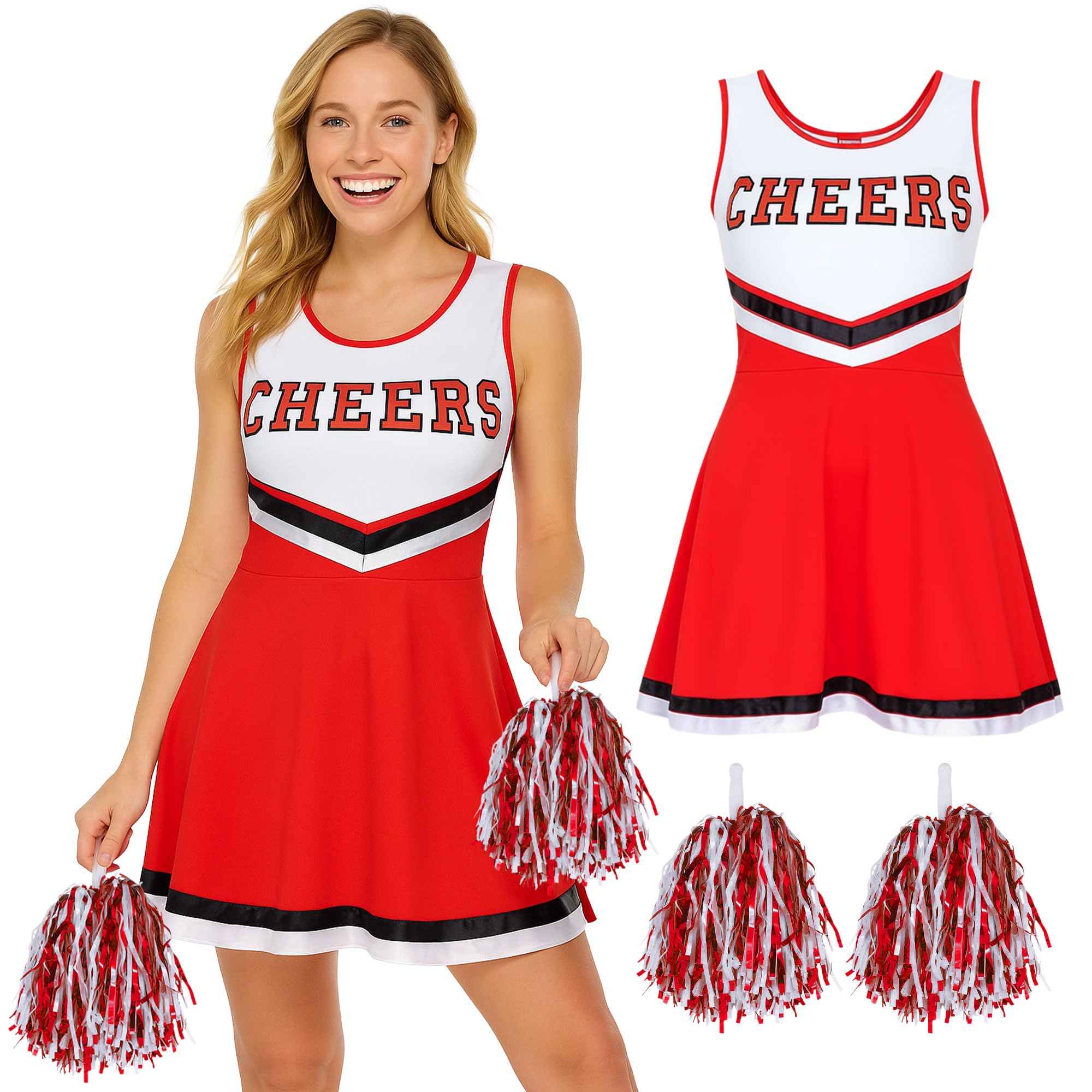 Cheerleader Outfit Adult Fancy Dress Costume - Halloween Cheerleader Costume Women Cheerleading Outfit with Pom Poms