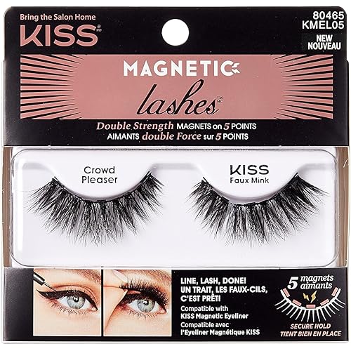 KISS Magnetic Lashes, Crowd Pleaser, 1 Pair of Synthetic False Eyelashes With 5 Double Strength Magnets, Wind Resistant, Dermatologist Tested Fake Lashes Last Up To 16 Hours, Reusable Up To 15 Times