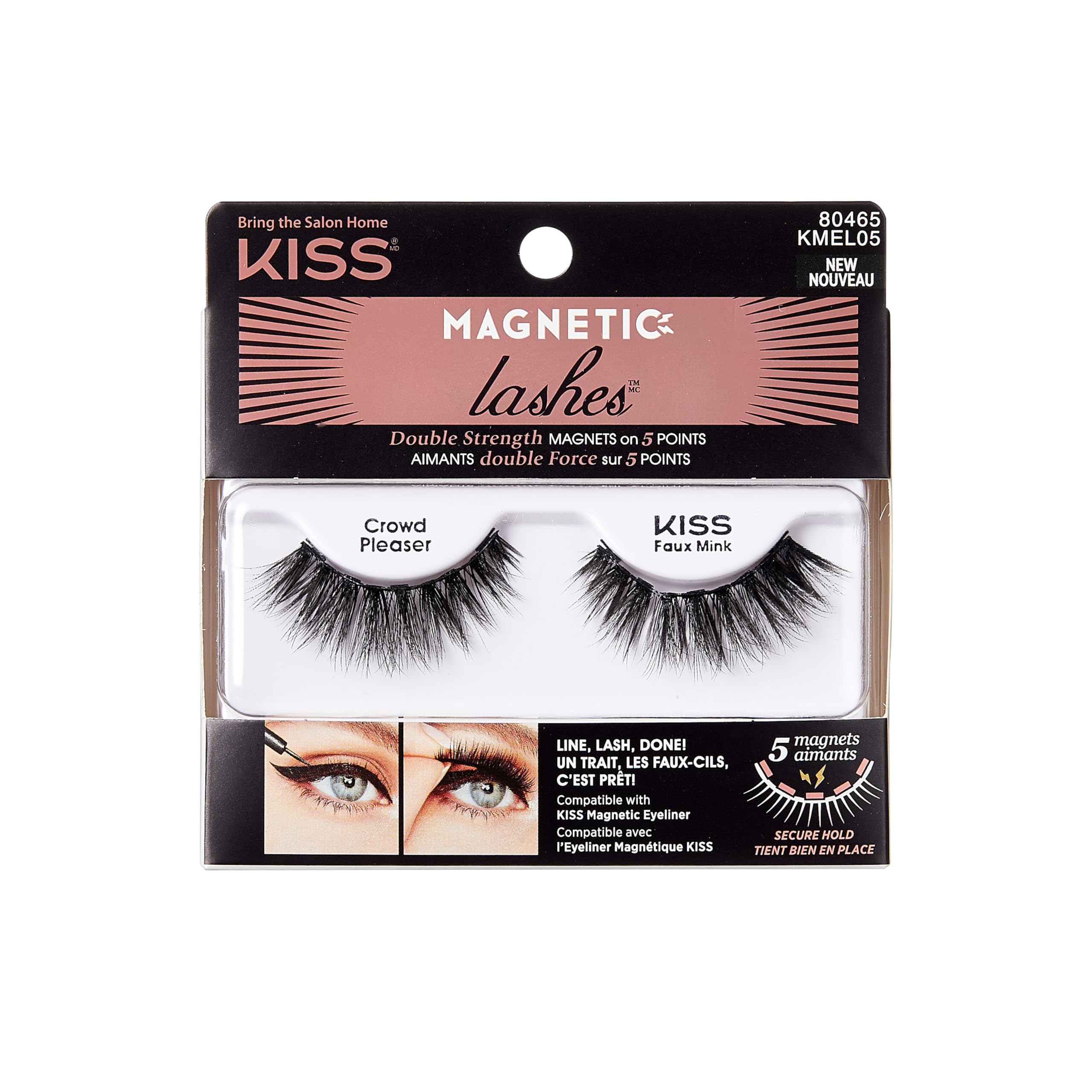 KISS Magnetic Lashes, Crowd Pleaser, 1 Pair of Synthetic False Eyelashes With 5 Double Strength Magnets, Wind Resistant, Dermatologist Tested Fake Lashes Last Up To 16 Hours, Reusable Up To 15 Times