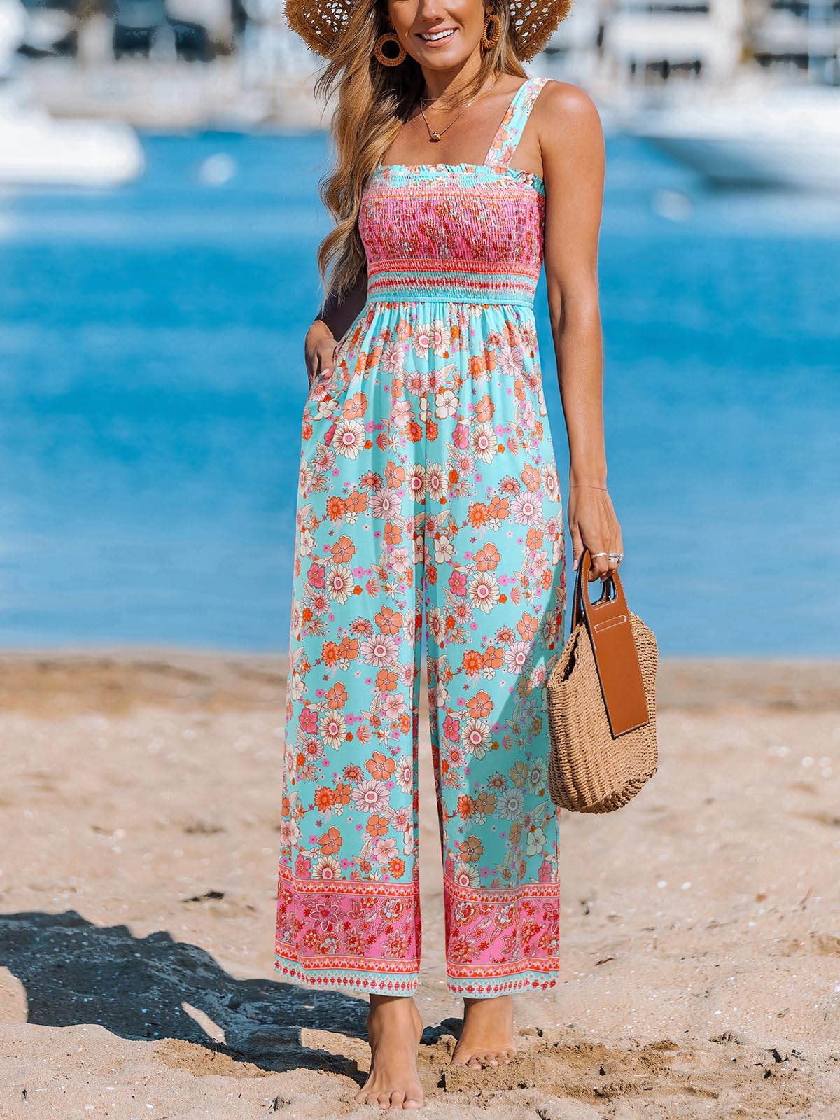 CUPSHE Damen Boho Jumpsuit Blumenmuster Gesmokt Weites Bein Träger Overall
