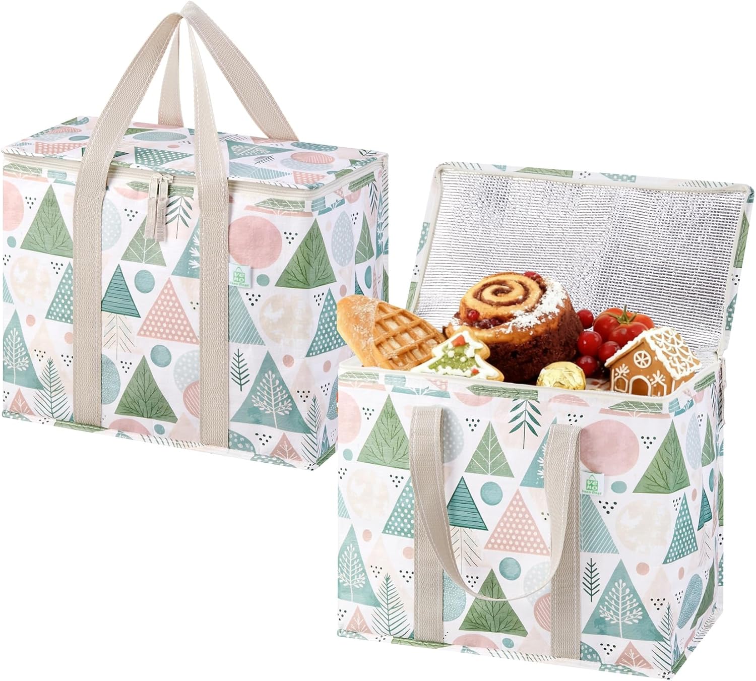 VENO 2 Pack Insulated Cooler Grocery Bags - Hard Bottom, Water-Resistant, Foldable Reusable Bags for Food Delivery & Picnics (Pastel Forest)