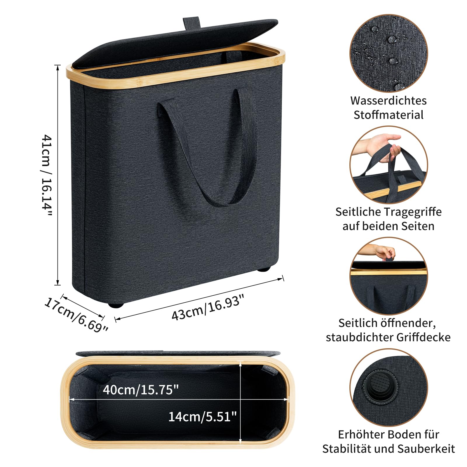 30L Toilettenpapier Aufbewahrungskorb, Klopapier Aufbewahrung Box aus Bambus, Faltbarer Badezimmer Organizer für 12-16 WC Rollen, mit Griffen, für Bad und Haushalt Dunkelgrau