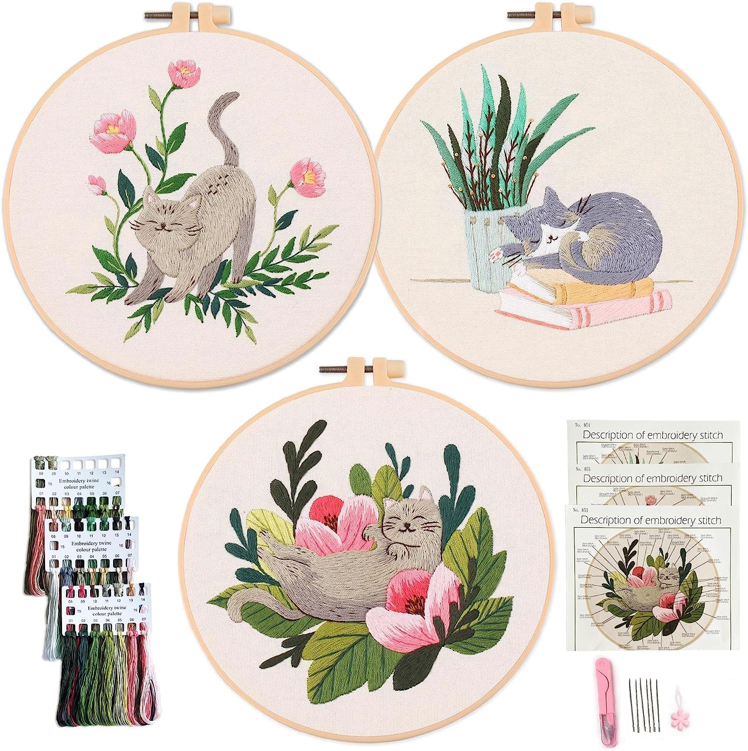 Azonee Cat Embroidery Kit, Adult Embroidery Kit, DIY Adult Beginner Cross Stitch Kits Set of 3 Patterns, with 3 Sets of Threads, Needles and Instruction Manual