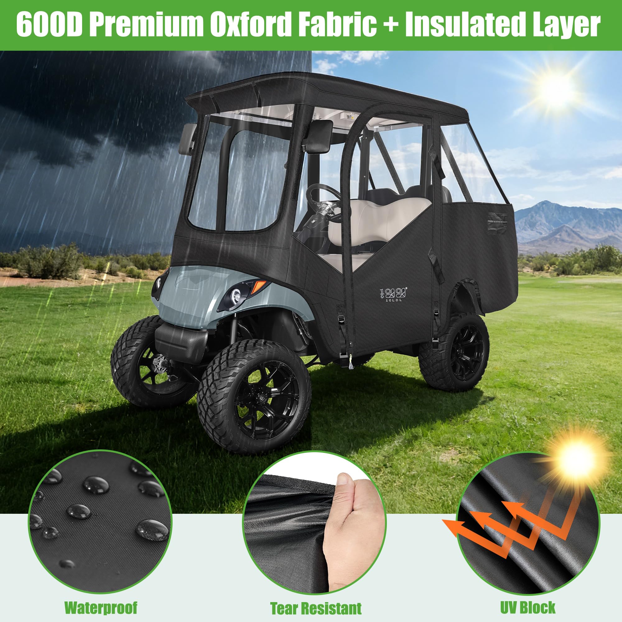 10L0L Obudowa wózka golfowego dla 4 pasażerów pasuje do Yamaha G29 Drive and Drive 2, 600D Heavy Duty 4-osobowa osłona przeciwdeszczowa Yamaha z przezroczystą przednią szybą PCV, wodoodporna tkanina