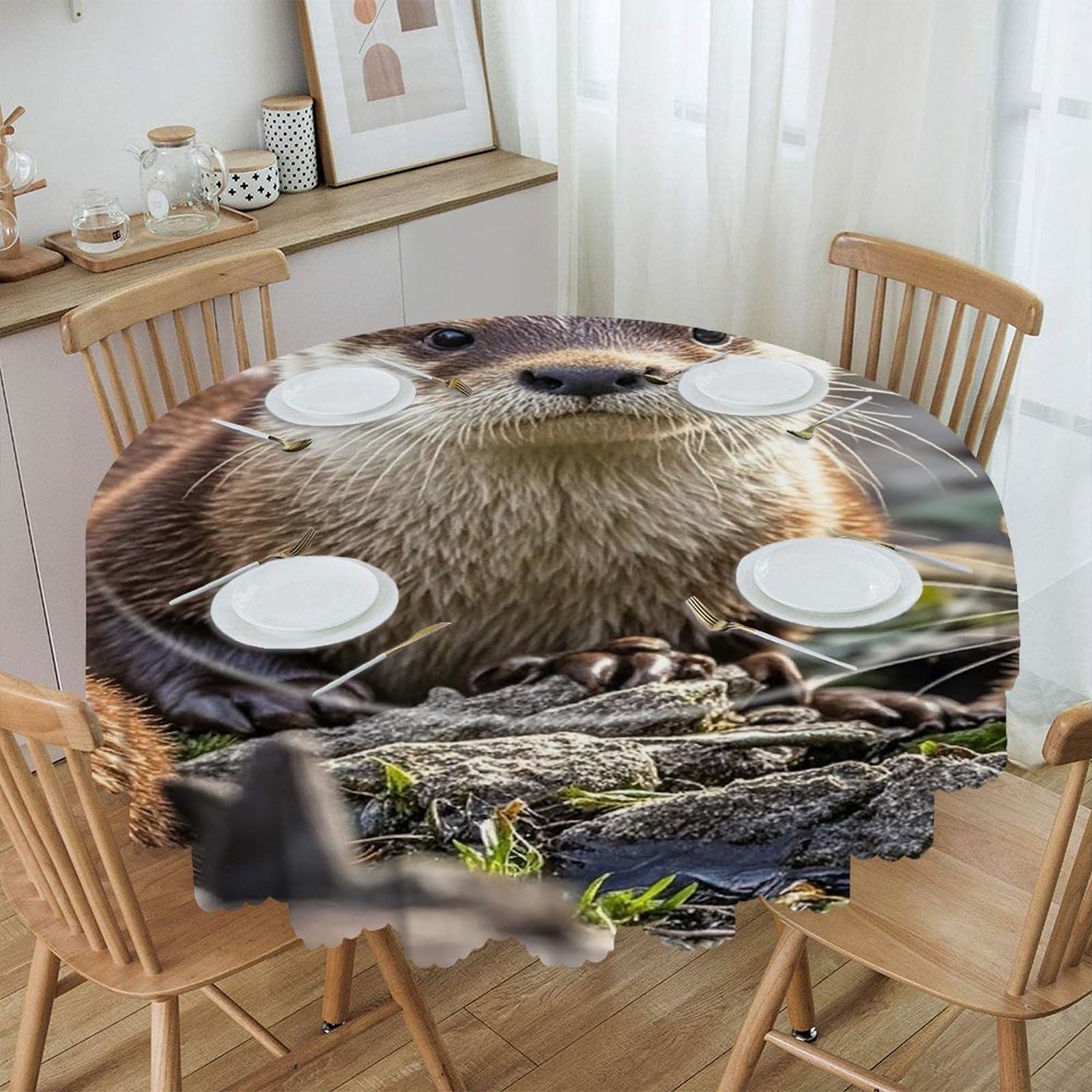 FekiLoot 60 Inch Round Animal Cute Brown Otters Tablecloth Waterproof Heavy Duty Polyester Table Cloth Spill-Proof Wipeable Table Cover Decorative Circle Dining Tablecover for Party Outdoor