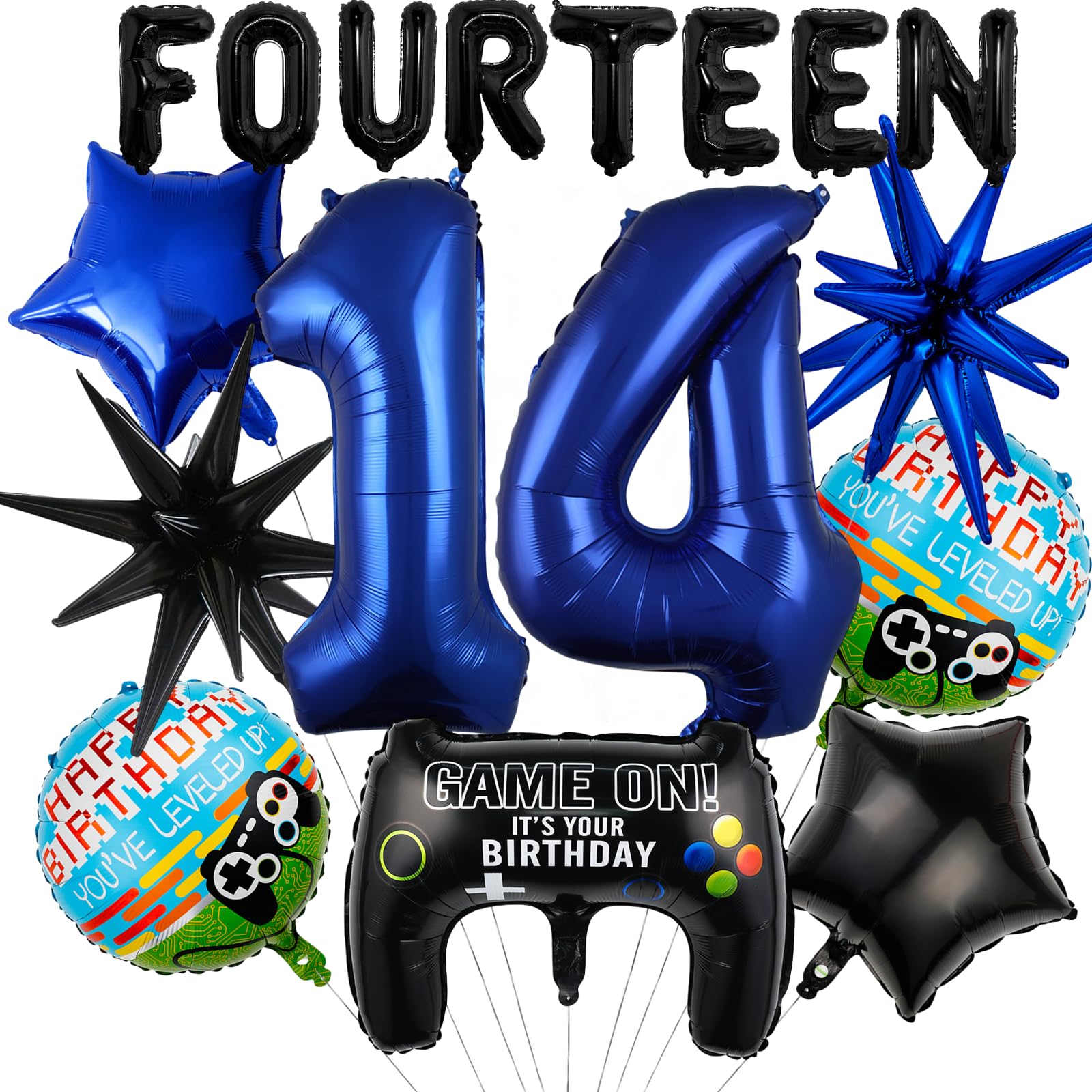 17pcs Video Game Themed Party Decorations, Number 14th Boys Birthday Party Supplies, Navy Blue Video Game Controller Mylar Foil Balloon, Video Game