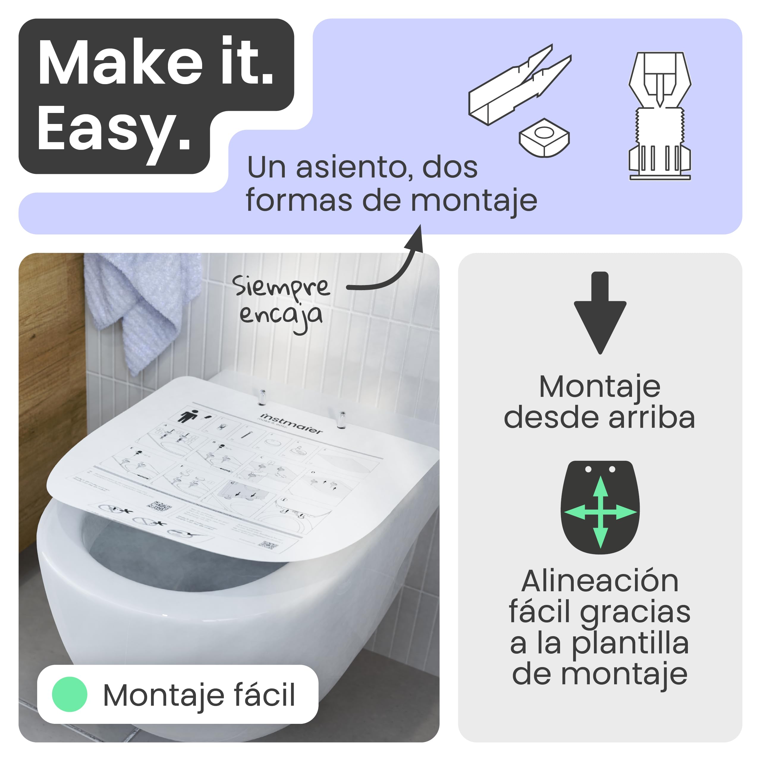 instmaier Tapa de inodoro con dispositivo de descenso automático, color negro mate, certificado TÜV, forma de D, asiento de inodoro de duroplast, función de liberación rápida