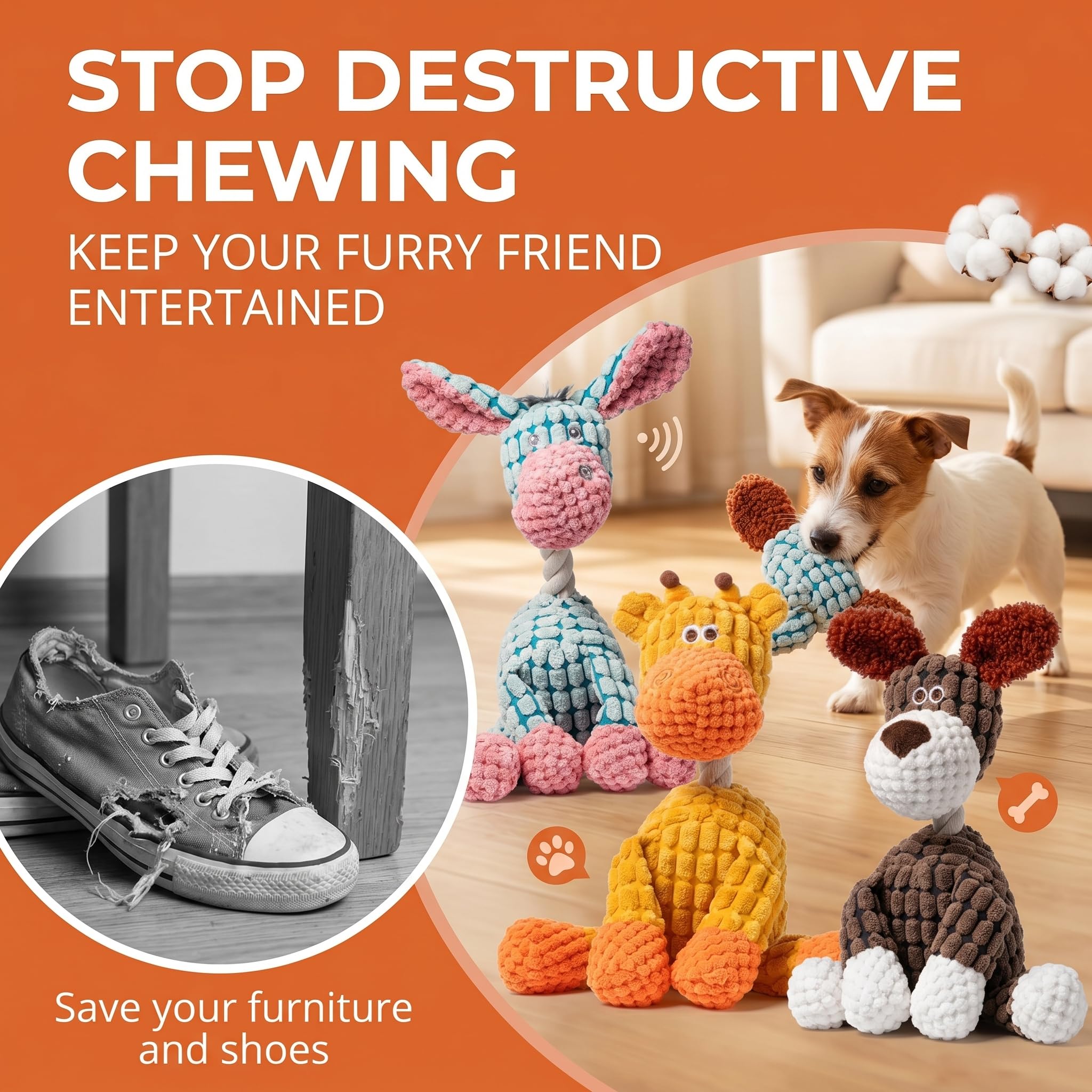 3 Juguetes para Perros con Chirriador - Peluche Interactivo para Perros Pequeños Medianos Grandes, Burro Perro Jirafa - Juguetes Perros Resistentes para Morder, Compañía y Juego