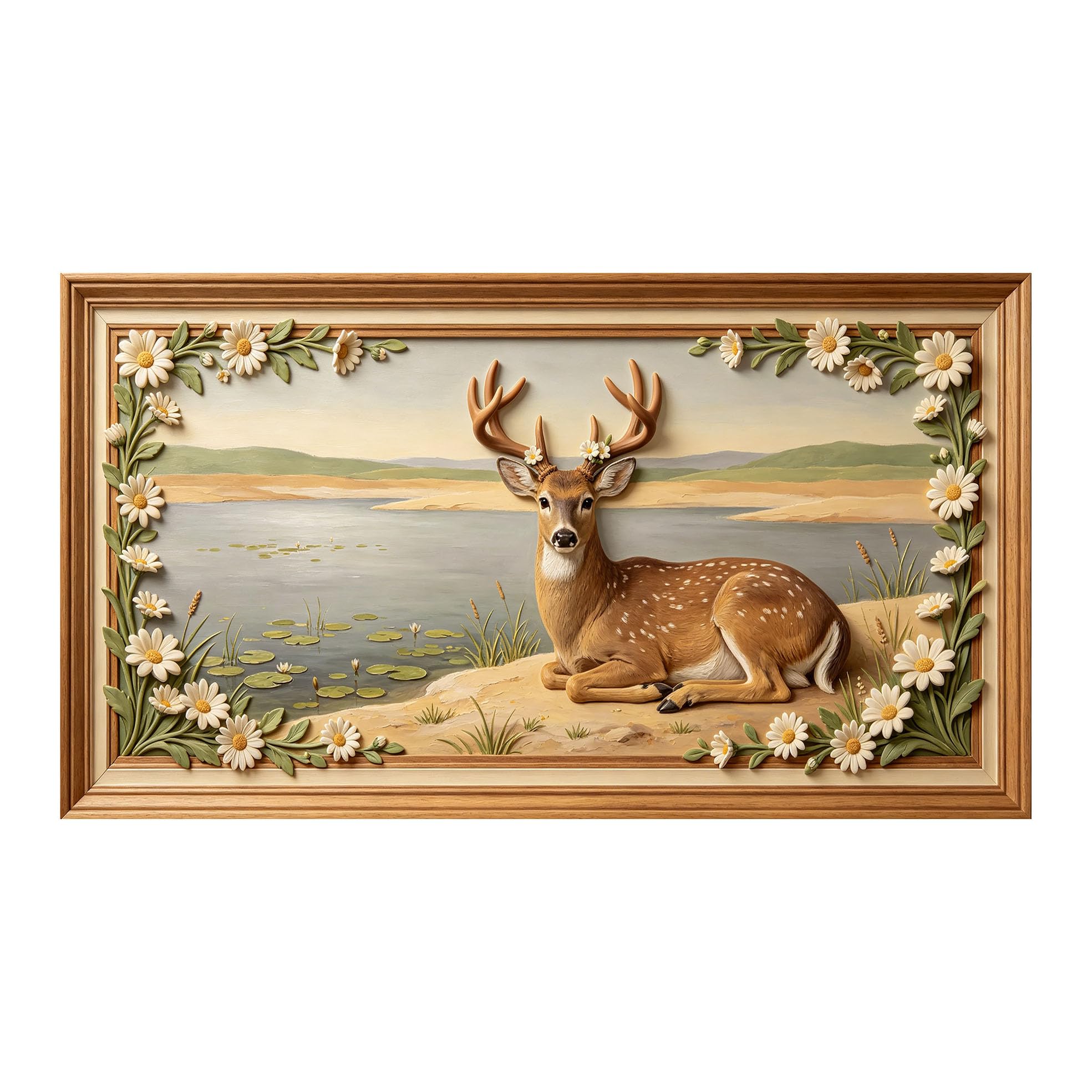 Yzpallescene 3D 3D Framed Wall Art 50cm×90cm Deer by Lakeside Pastoral Landscape Oil Painting Large Size SelfAdhesive Removable Wall Decor Prints Artwork for Living Room Bedroom Office