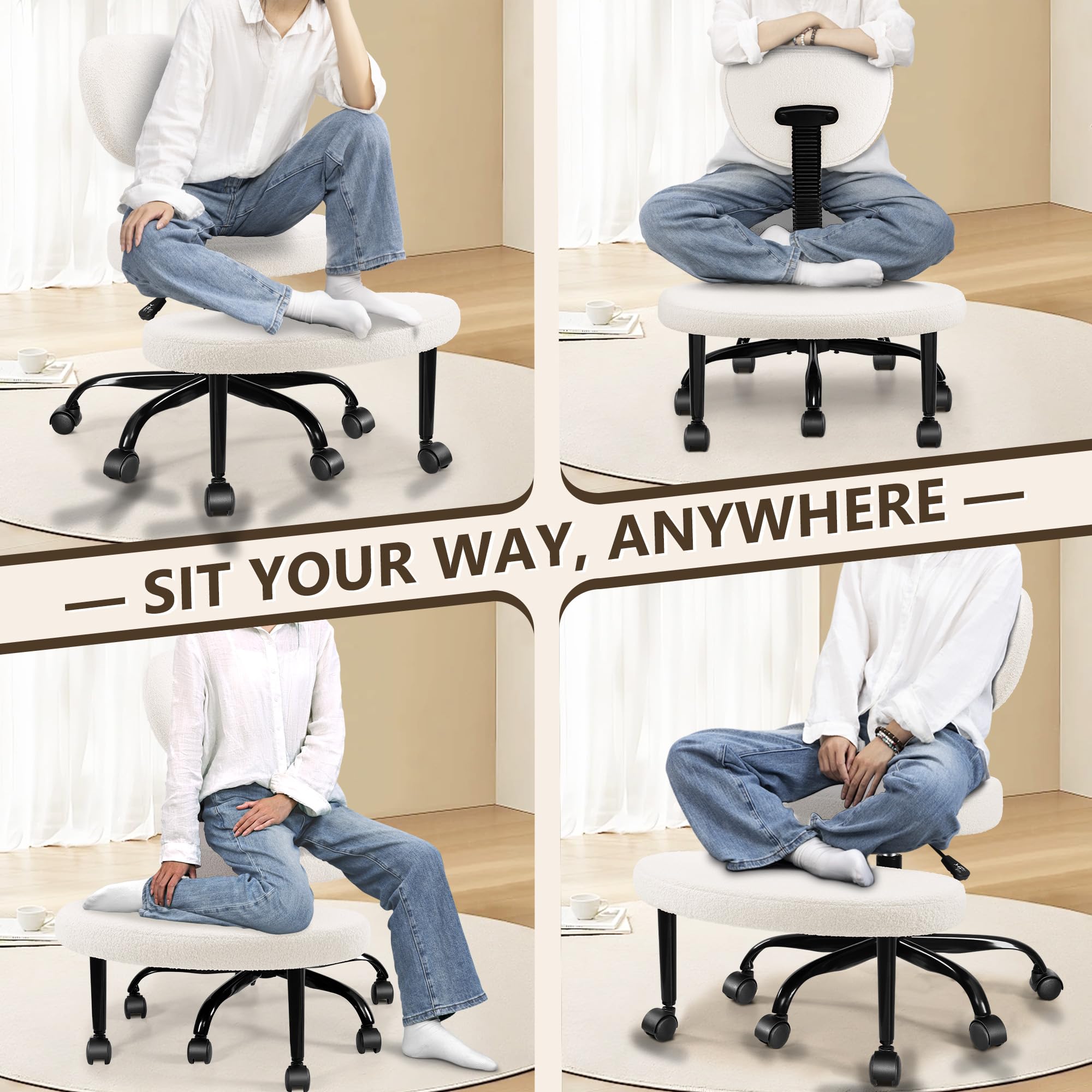 AtHope Ergonomic Cross Legged Office Chair with Wheels - Adjustable Height for Meditation, ADHD Desk & Yoga - Wide Criss Cross Design with Lumbar Support, Kneeling Chair -: Off White
