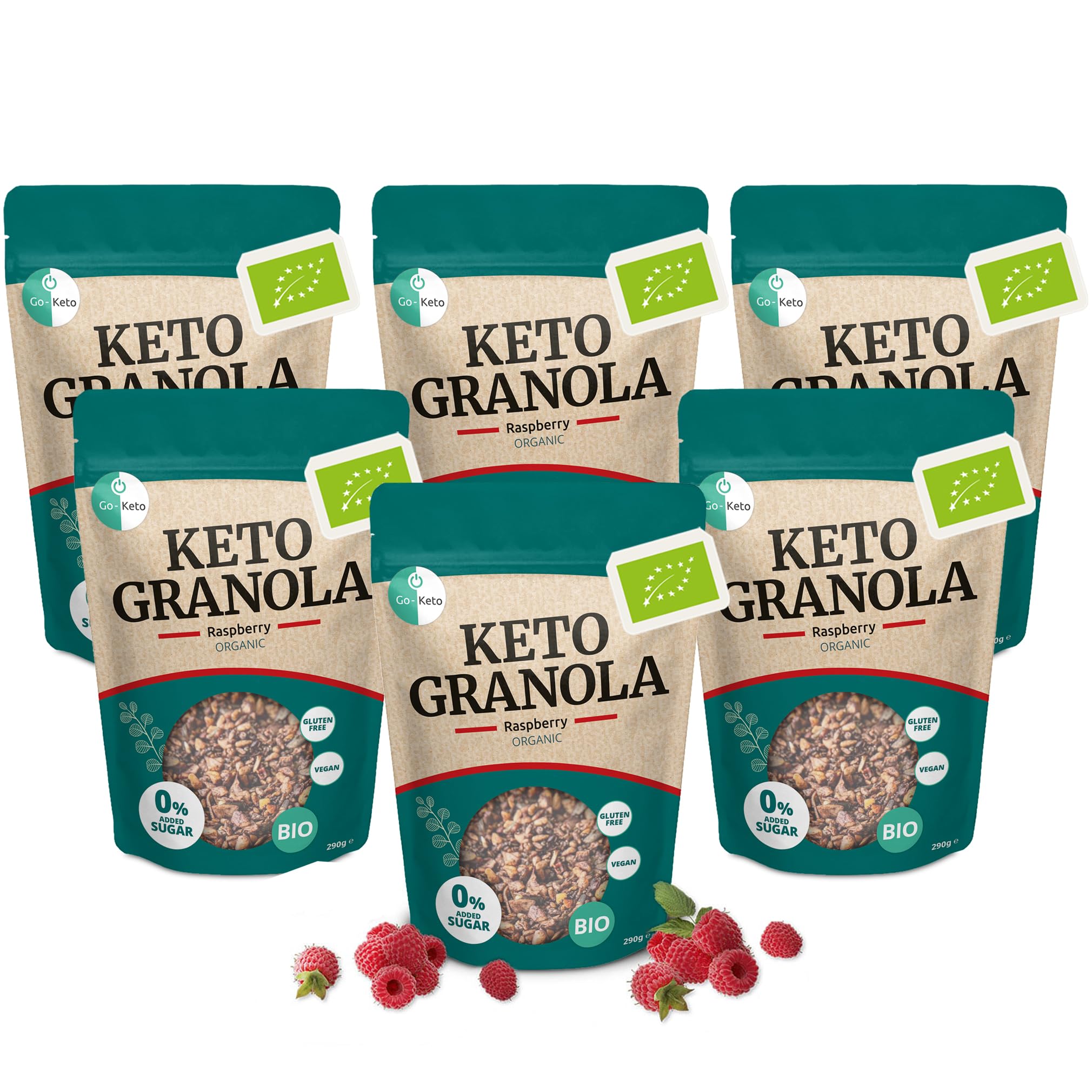 Go-Keto BIO Keto Granola Raspberry 6x 290g - Low Carb Keto Muesli para un delicioso desayuno keto, con chips de coco, nueces, frutas, semillas de girasol y de calabaza, vegan, sin gluten, sin lactosa