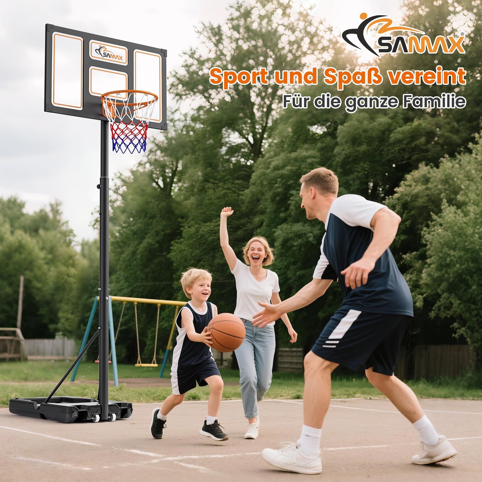 SAMAX Basketballkorb Basketballständer 100-305 cm Höhenverstellbar mit Rollen inkl. Netz - Korbanlage Standfuß Outdoor Indoor - für Garten, Sportplatz und Spielfeld - für Erwachsene & Kinder