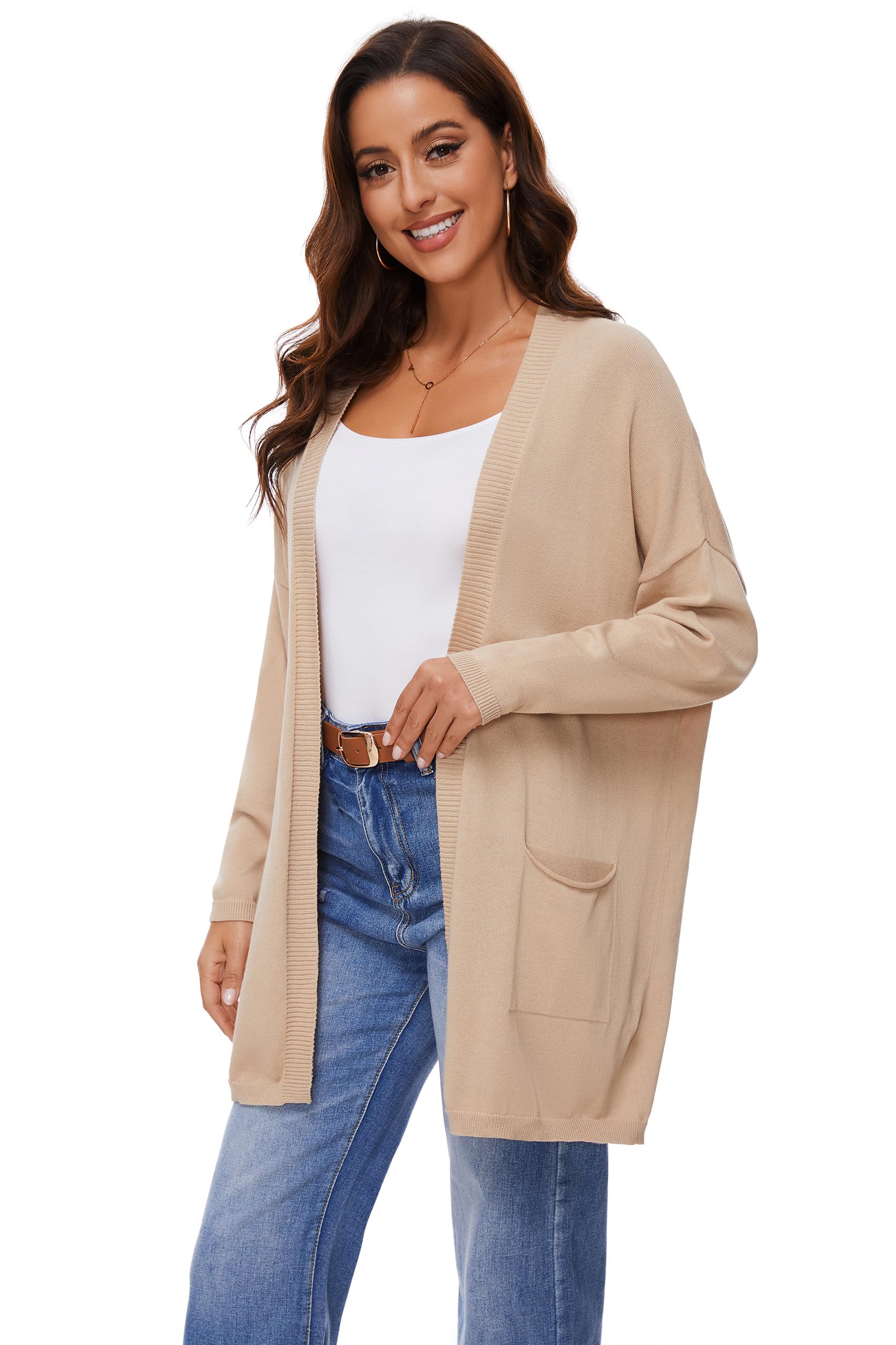 Cardigan Aperto in Cotone 100% per Donna con Tasche, Maniche Lunghe, Morbido, Oversize, Maglione Casual da Donna, Khaki, L