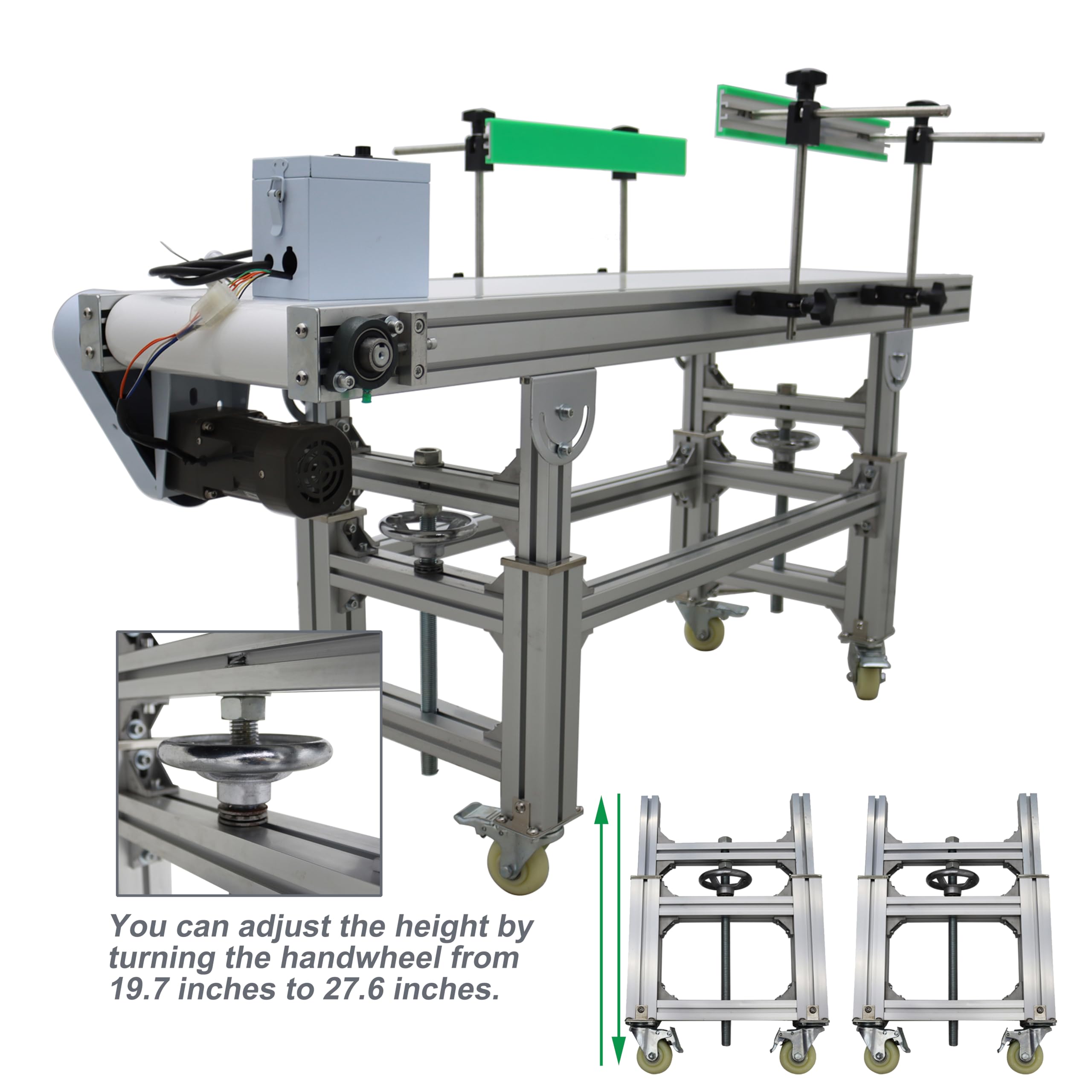 TECHTONGDA PVC Belt Conveyor Aluminum Industrial Transport Flat Conveyor with Guardrail Adjustable Speed Adjustable Height Conveyor Belt Length 70.9inch Load 66-88LBS White 110V