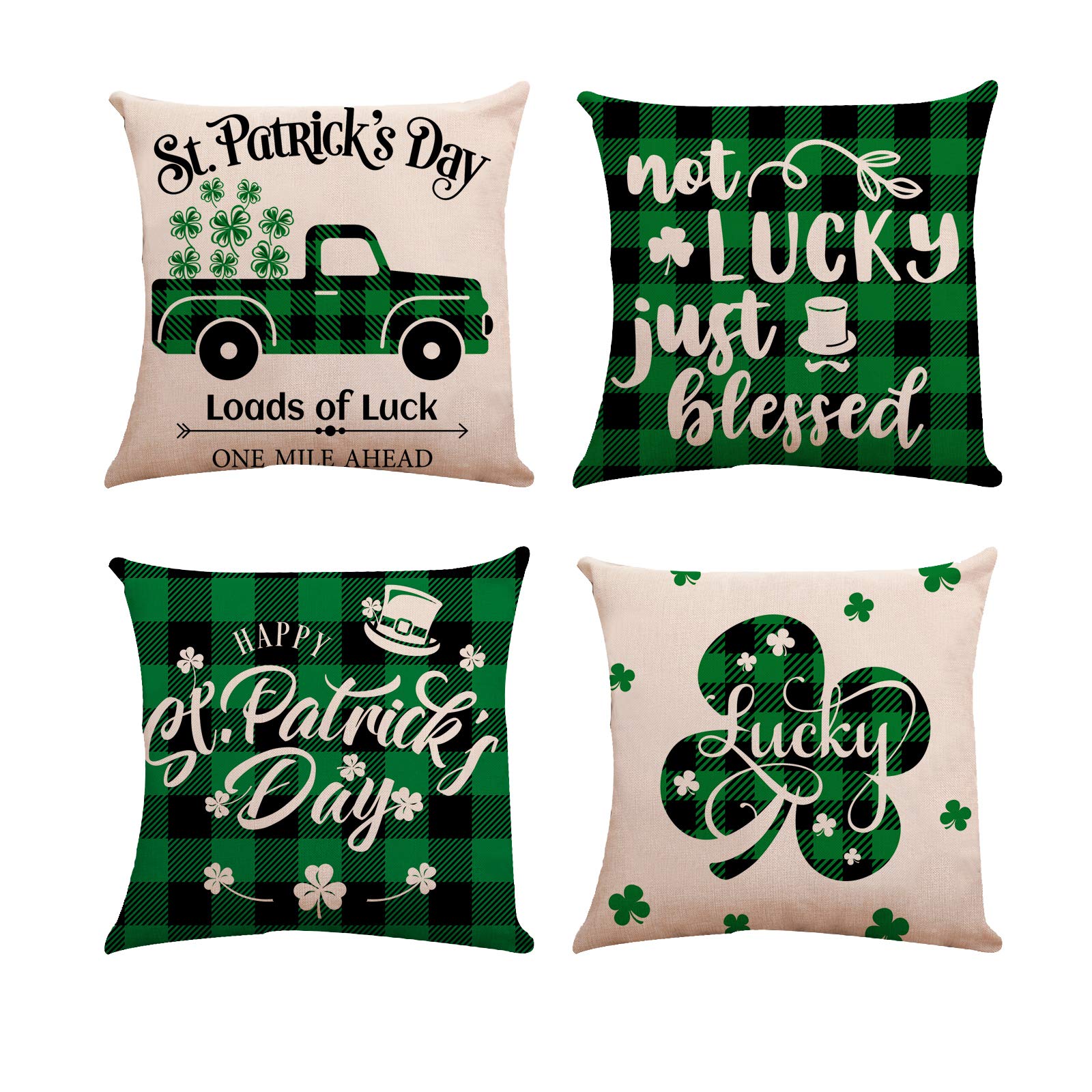 Behoneybee St. Patricks Day Pillow Covers 18"x18" Set of 4, Buffalo Plaid Truck Shamrock Pillow Covers 18x18 Spring, St. Patricks Day Decorations Cotton Linen Pillowcase for Sofa