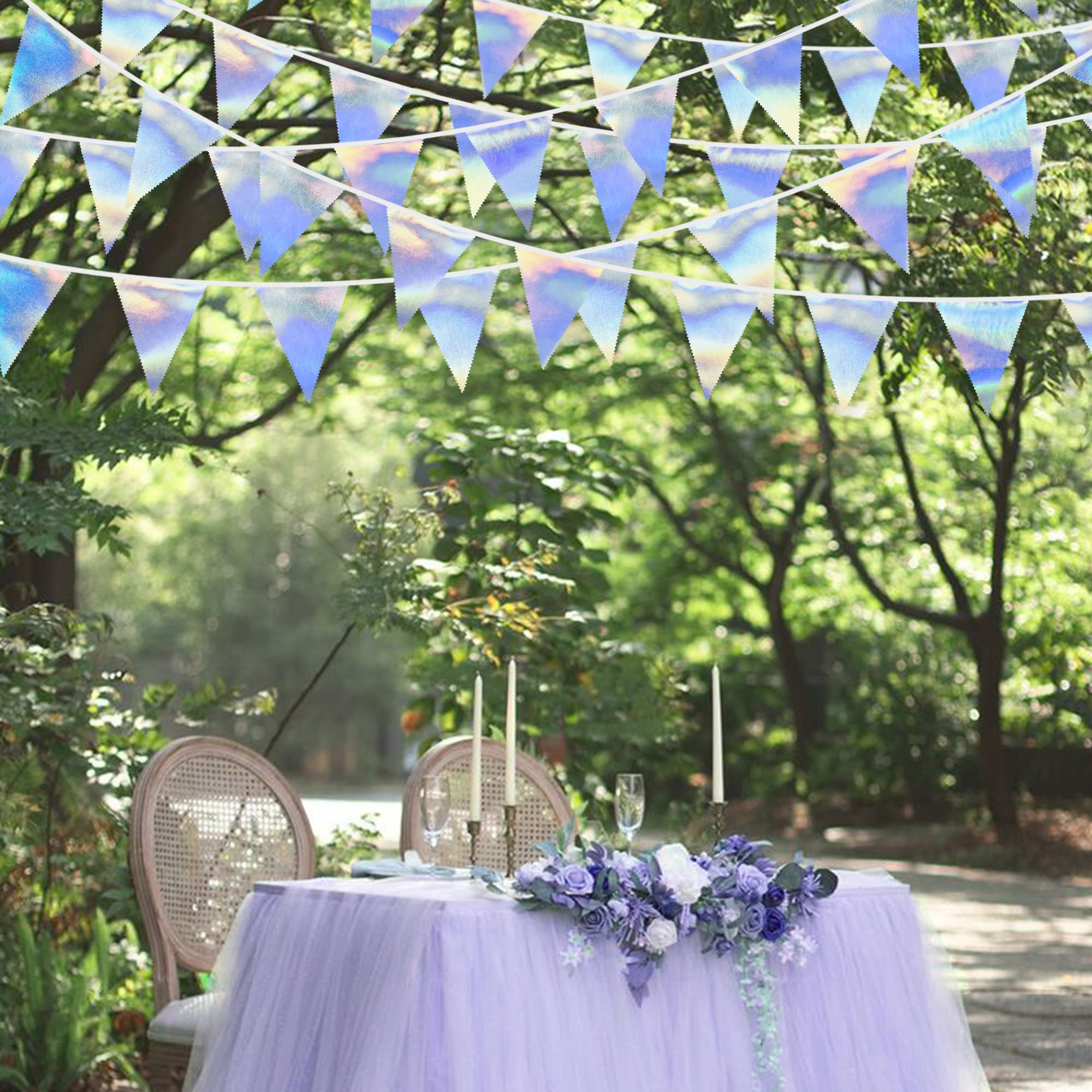 Decoración de fiesta iridiscente de 33 pies tela holográfica triángulo banderín bandera bandera de algodón guirnalda para cumpleaños boda boda despedida de soltera compromiso discoteca euforia galaxia