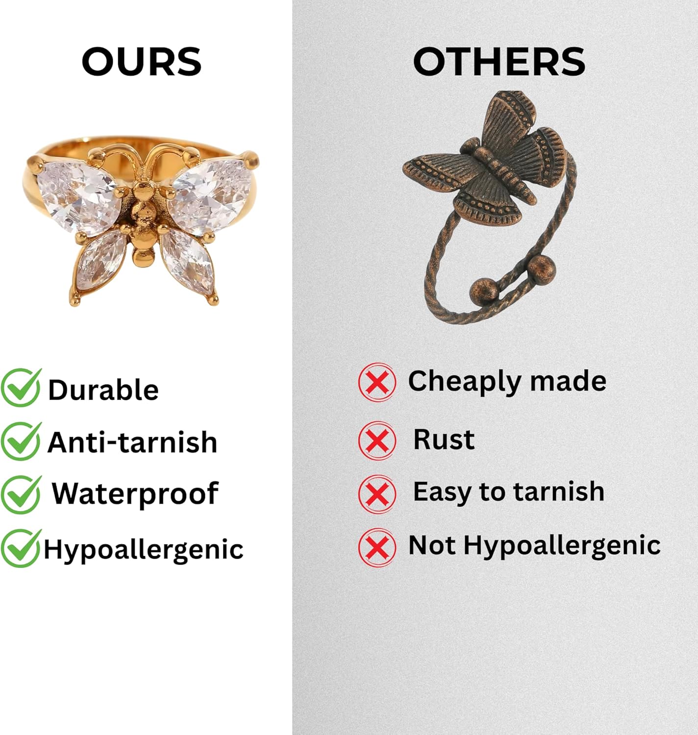 18K Gold Plated Butterfly Ring for Women - CZ Mariposa Waterproof Stainless Steel Ring - Anti-Tarnish Stackable Gold Jewelry for Everyday Wear - Image 4