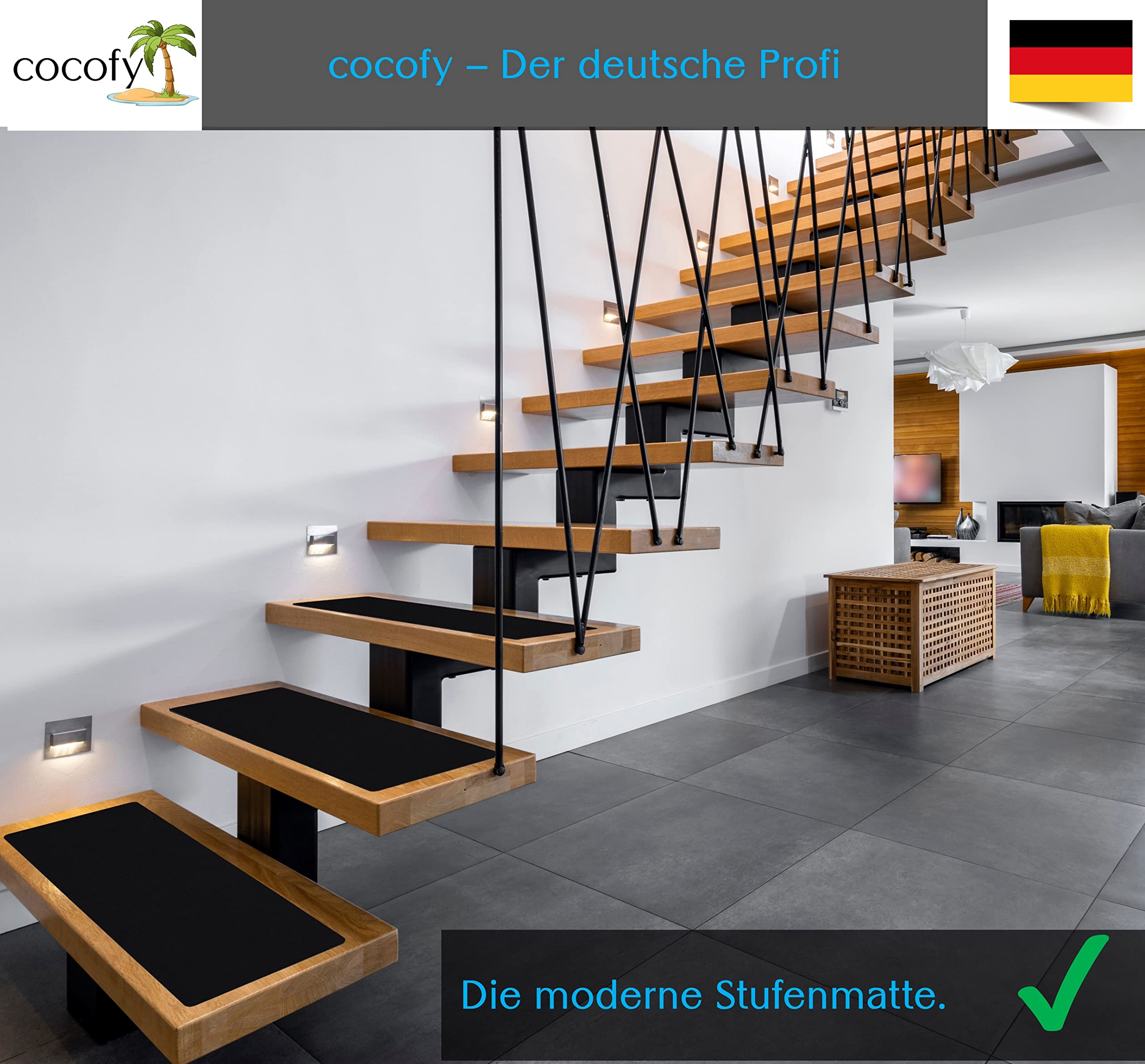 Treppenstufen Matten modern 15er Set, 75x20 cm groß Filz selbstklebend | Stufenmatten innen 15 Stück Teppich Treppenstufen Treppenteppich selbstklebend Treppen Teppichstufen schwarz