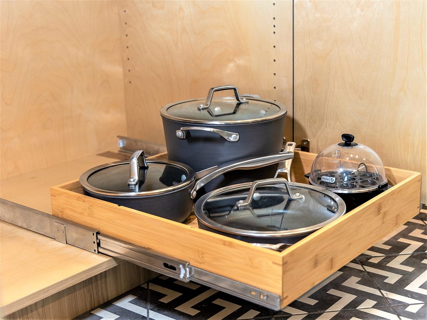 Pull Out Cabinet Drawer Organizer, Sliding Bamboo Wood Storage Rack Organization, Gliding Cupboard Shelf for Kitchen, Pantry, Slide Out Spice Rack Container Lid Organizer with Dividers, 20.5''W x