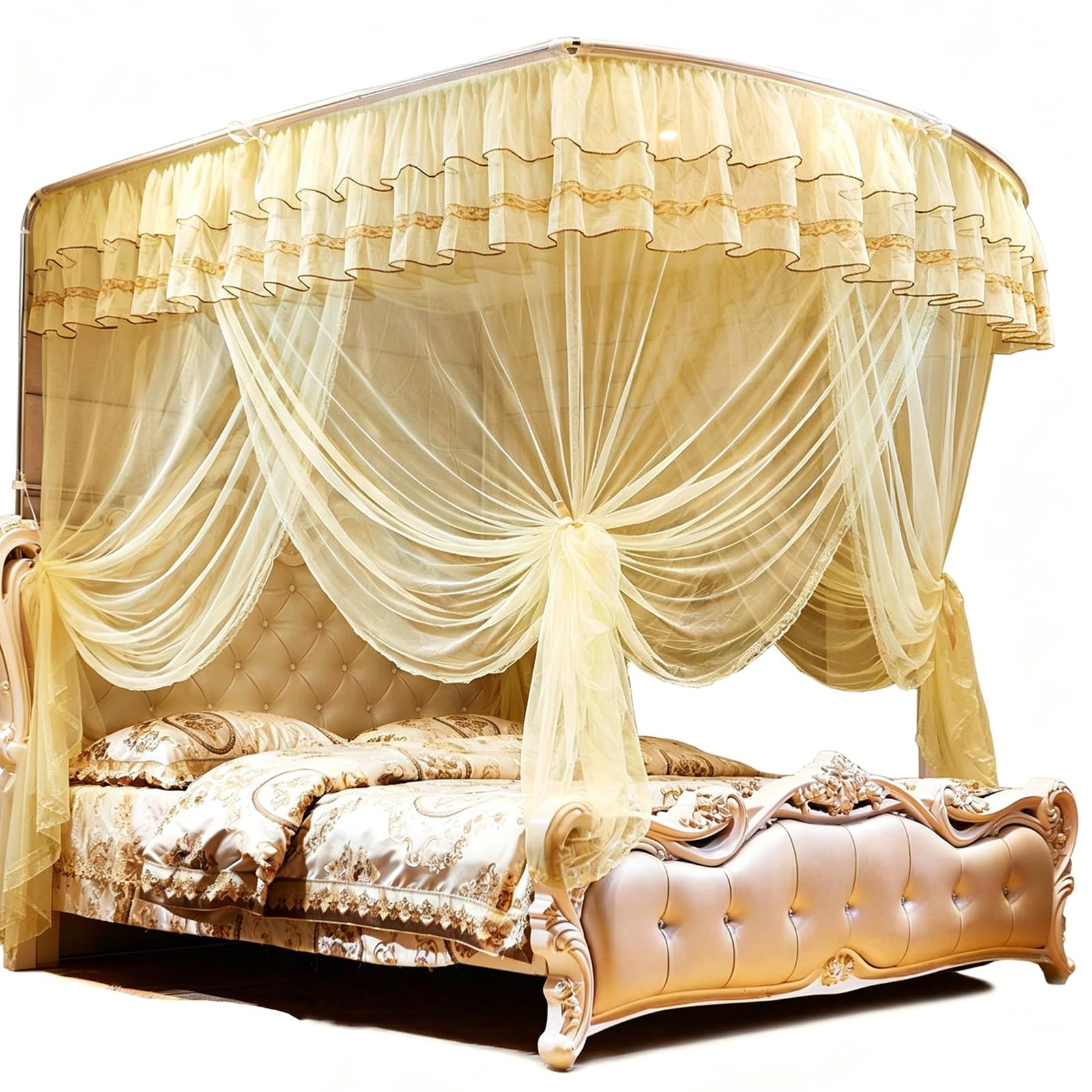 SARKEY U-Shaped Rail Bed Canopy Curtain,Three-Opening Lace Princess Canopys(YE,180x220x200cm(71"x87"x79"))