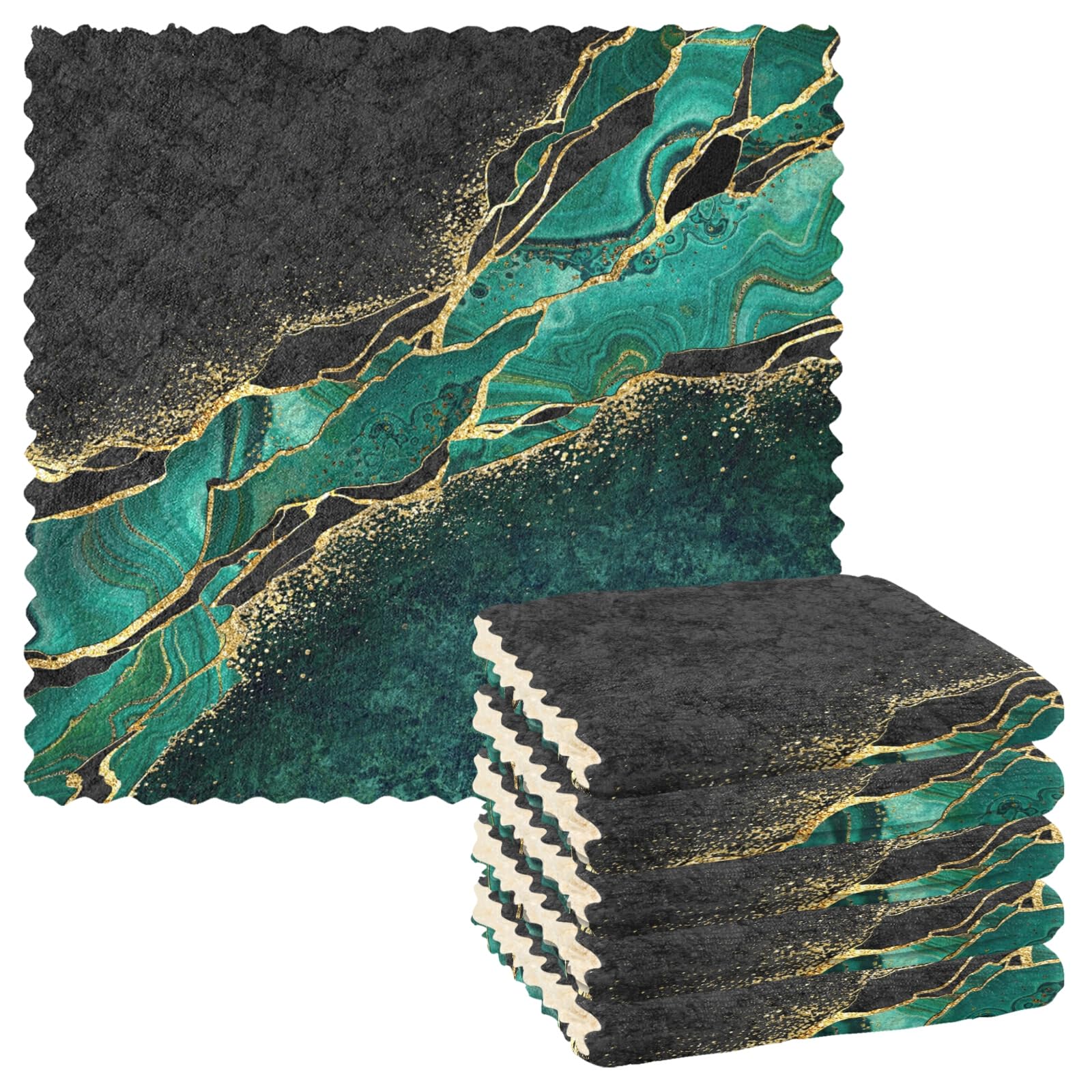 Black Teal Marble Green Malachite with Golden Veins Gold Spots 6 Set Kitchen Dish Towels, Washcloths Cleaning Cloths Dish Cloths, Absorbent Towels Lint Free Bar Tea Soft Waffle Towel 11"x11"