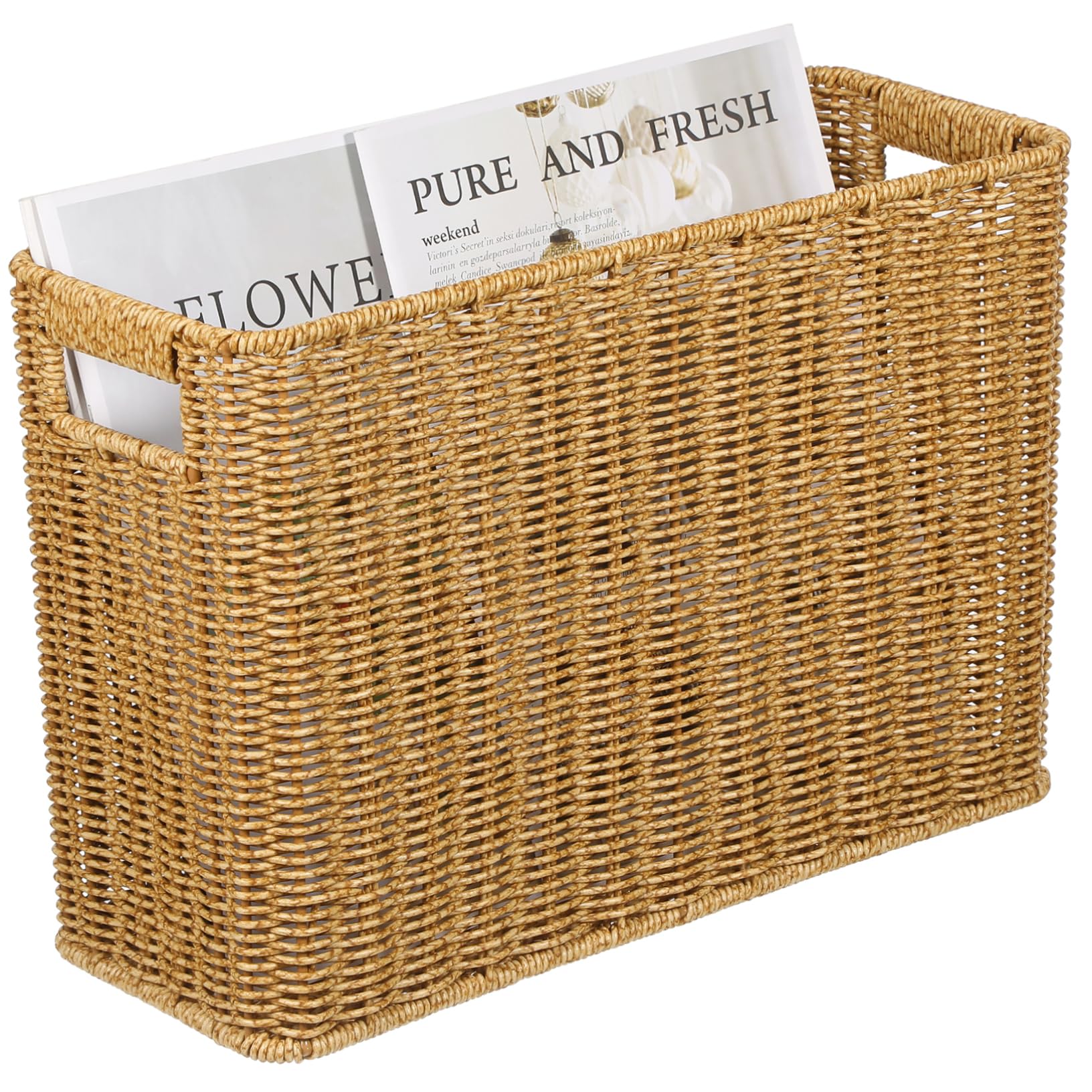 Kichvoe Imitation Rattan Woven Basket with Hollow Handles Versatile Storage for Organizing Magazines Sundries and Miscellaneous Items Bedroom Living Office