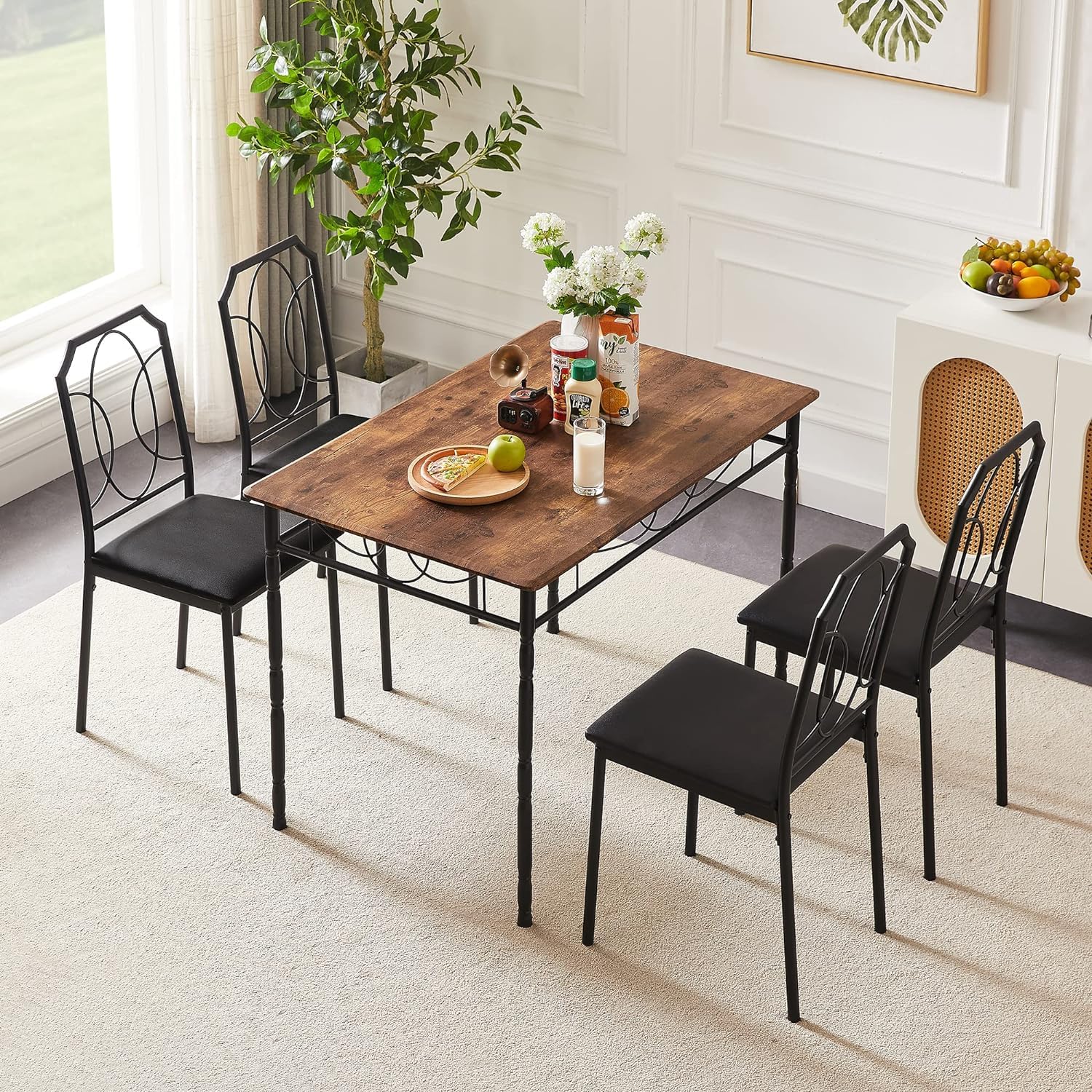 VECELO 5-Piece Dining Set - Industrial Counter Height Table and 4 Chairs for Kitchen & Breakfast Nook
