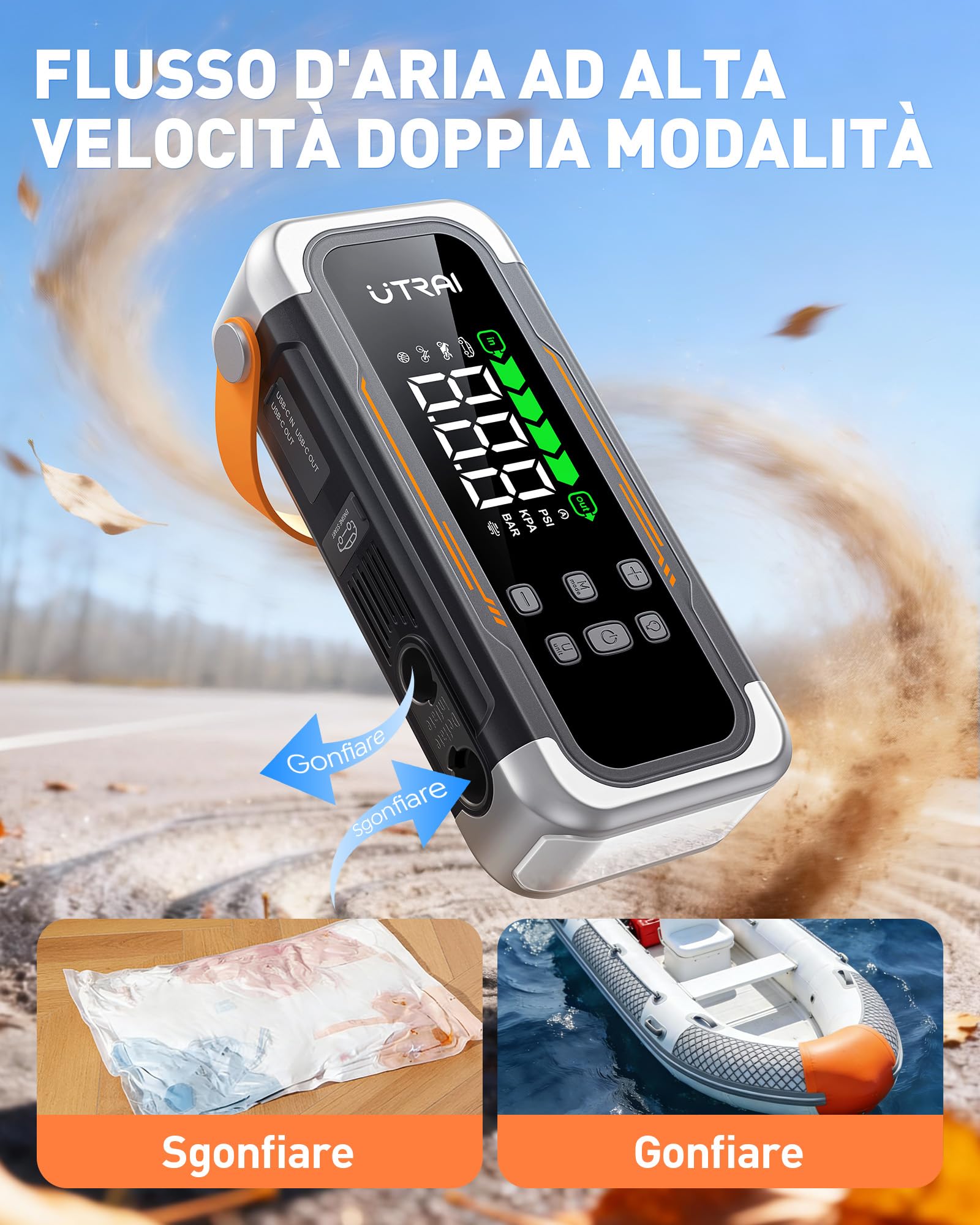 UTRAI 7000A Booster Avviatore Auto con Compressore & Soffiatore d'aria, 12V Avviatore Batteria Auto (Tutto Gas Benzina e 12L Diesel), Gonfiatore Pneumatici, Power Bank PD30W, Torcia LED Batteria Auto